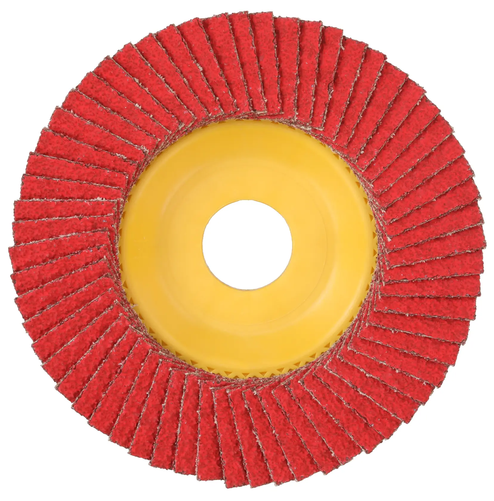 A close-up image of a DEWALT flap disc with a yellow plastic center and red abrasive flaps arranged in a circular pattern. The disc is used for grinding and finishing surfaces.