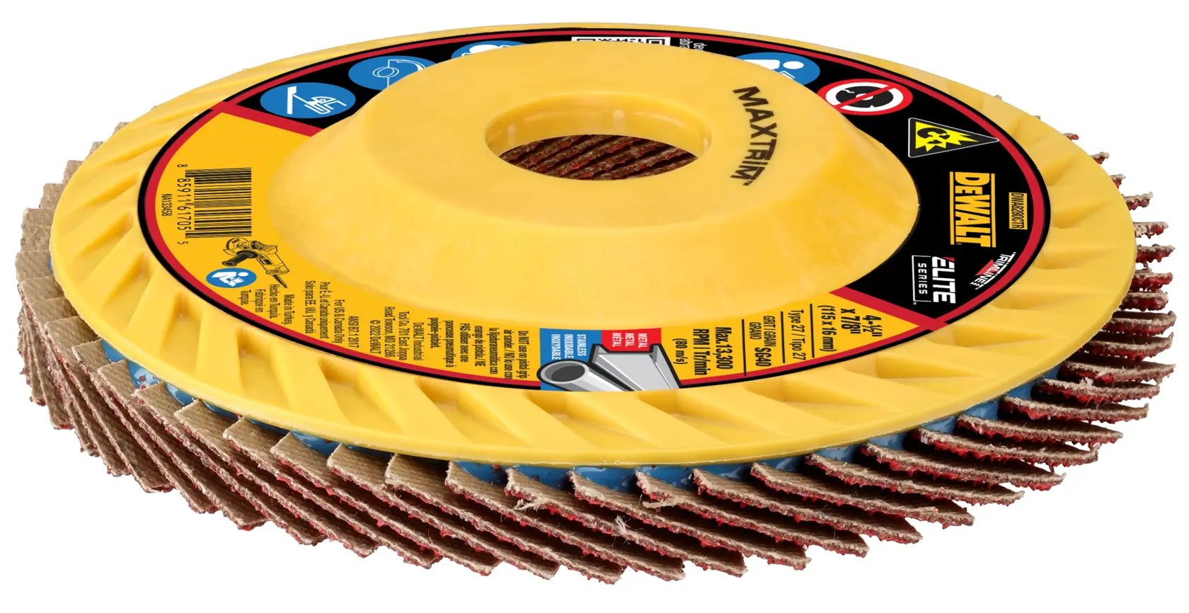 A DEWALT branded abrasive flap disc with a yellow backing and multi-layered sanding strips, designed for use with grinders in metalworking and fabrication applications.
