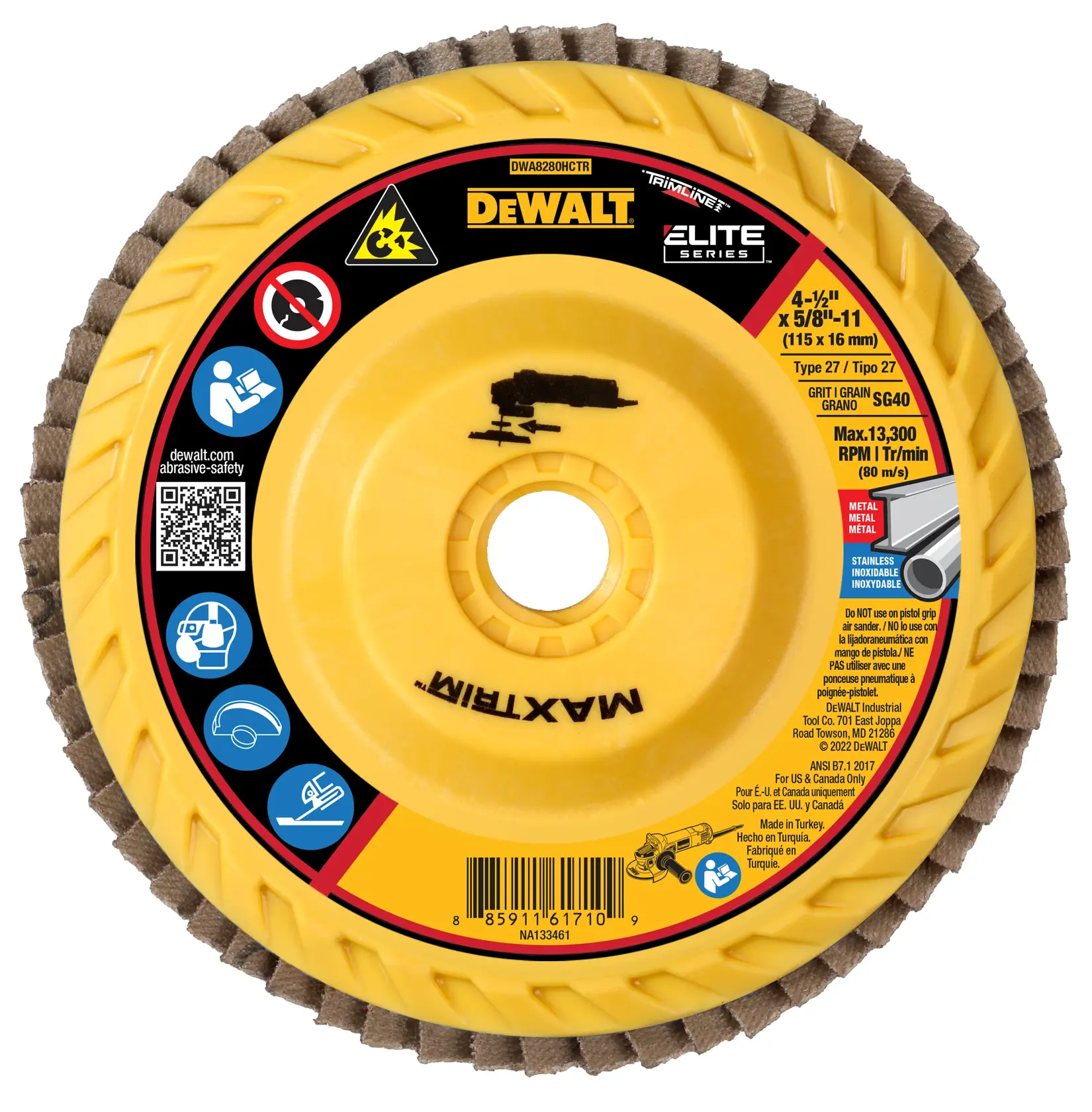 DEWALT Elite Series Trimline SG40 flap disc with a yellow plastic center and abrasive material around the edge. The disc is labeled with safety icons, specifications for use on metal and stainless steel, a QR code, and product information including maximum RPM, dimensions, and grain type.