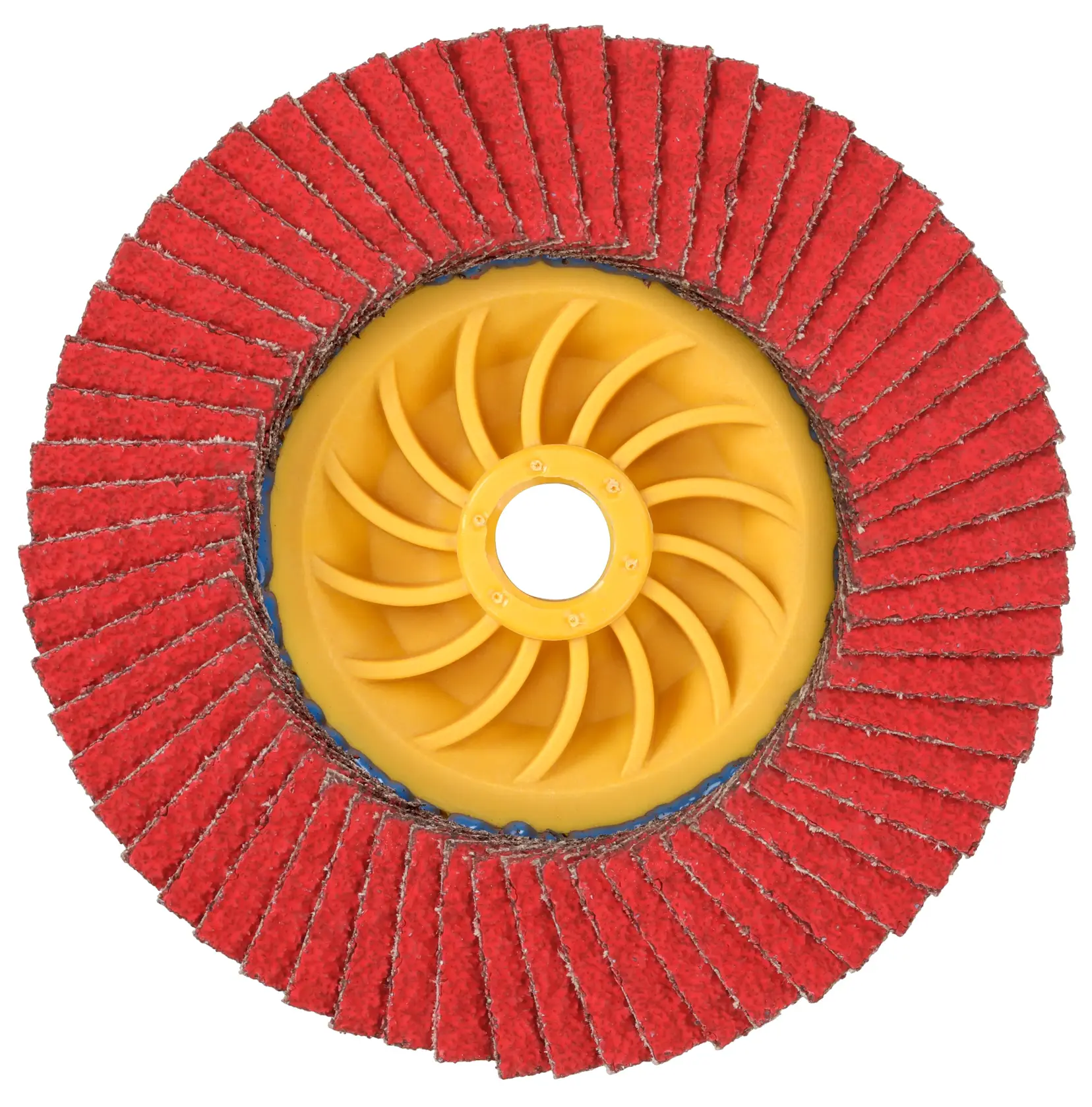 A close-up of a DEWALT red abrasive flap disc with a yellow plastic center, used for grinding and finishing surfaces.