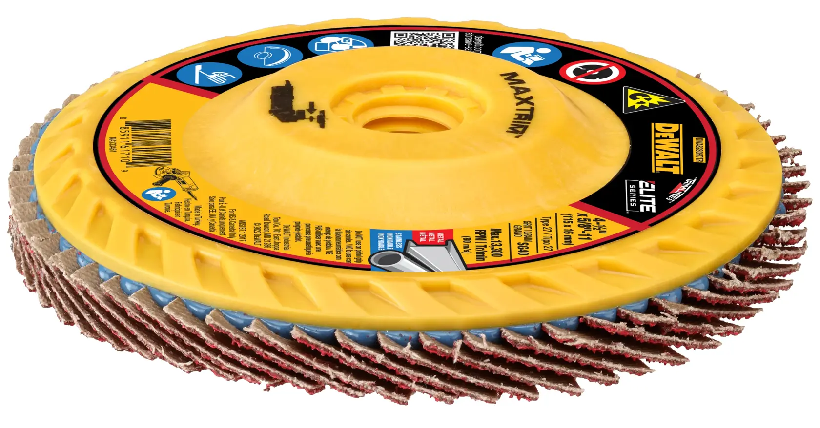 A DEWALT branded flap disc with a yellow plastic backing, designed for use with grinders. The disc features abrasive flaps around the edge and safety icons printed on the label.