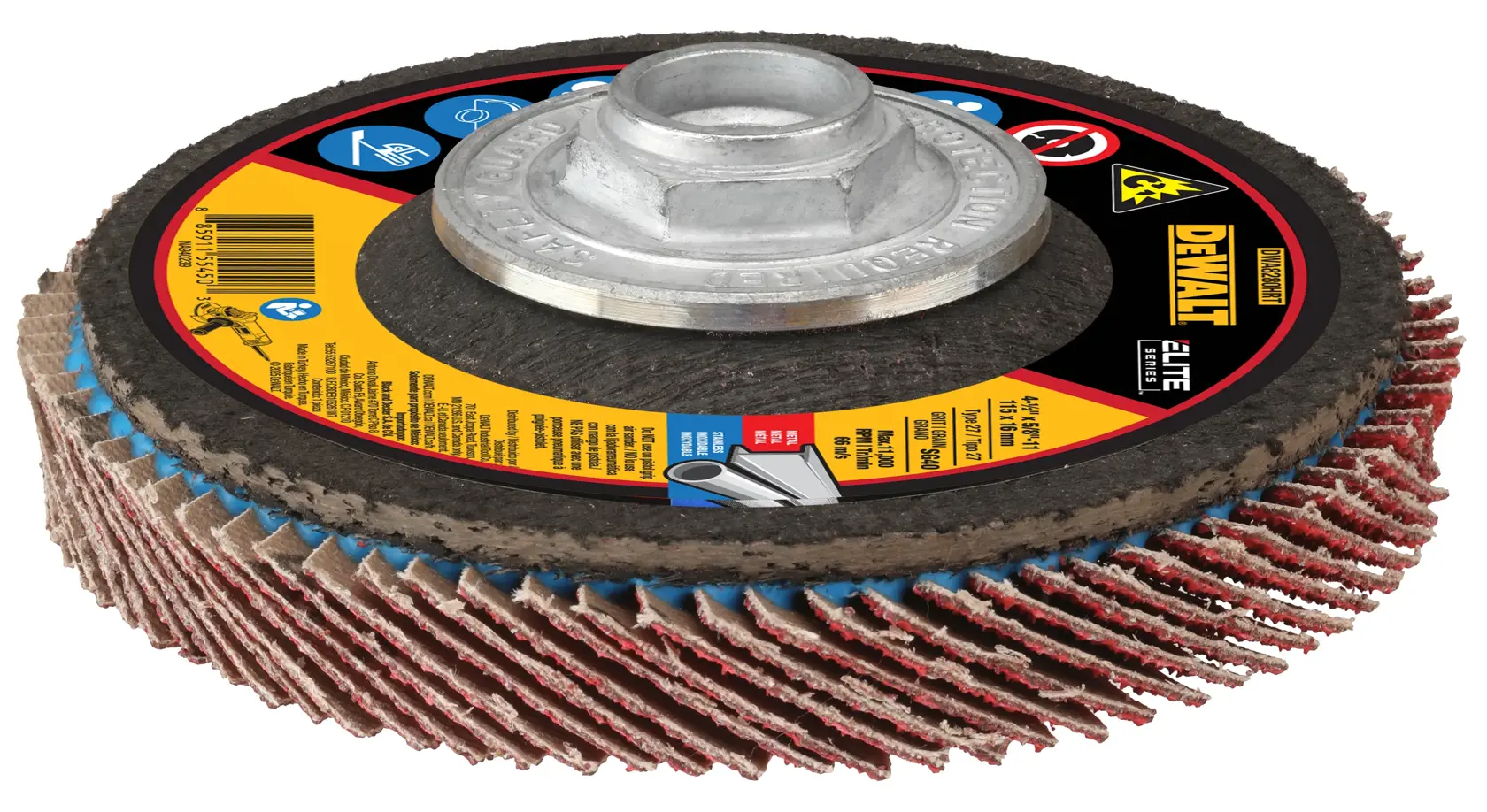 ELITE SERIES Flap Disc laying flat on surface with label side up
