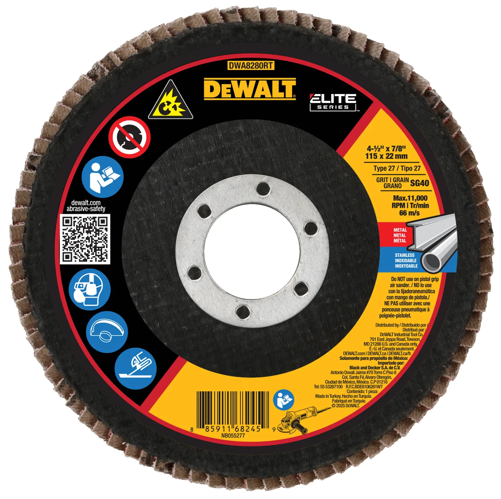 A DEWALT Elite Series flap disc, model DWA8280RT, designed for grinding and finishing metal and stainless steel. The disc measures 4-1/2 inches by 7/8 inches (115 x 22 mm), with a grit rating of SG40. The label displays safety icons, usage instructions, and a barcode.