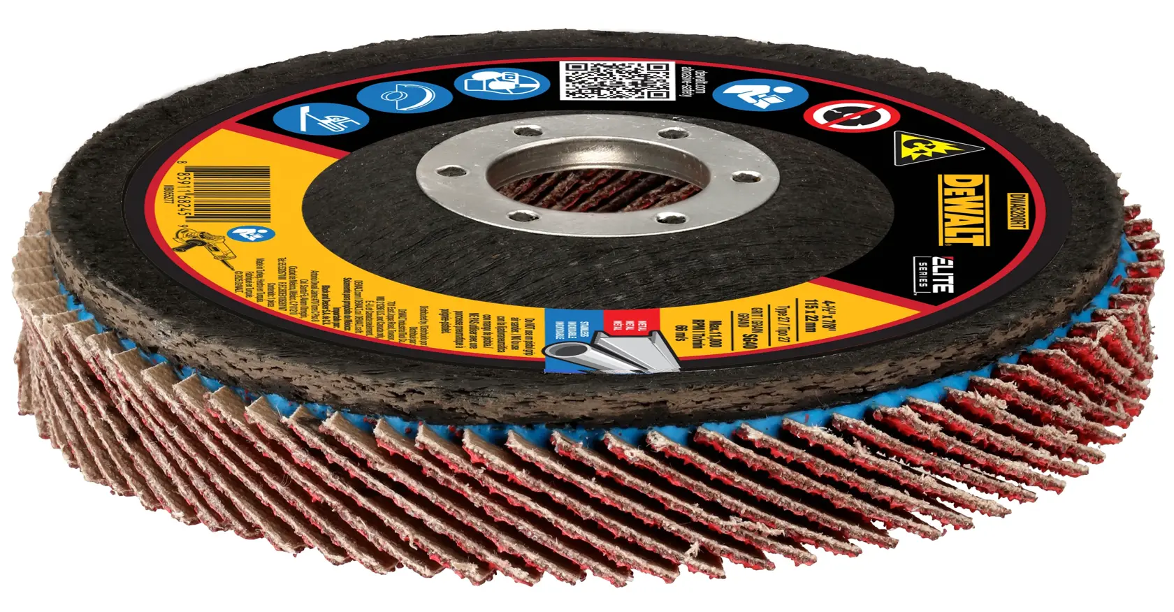 A DEWALT flap disc abrasive wheel, designed for grinding and finishing applications, featuring a segmented surface with a central mounting hole and detailed product information on the label.