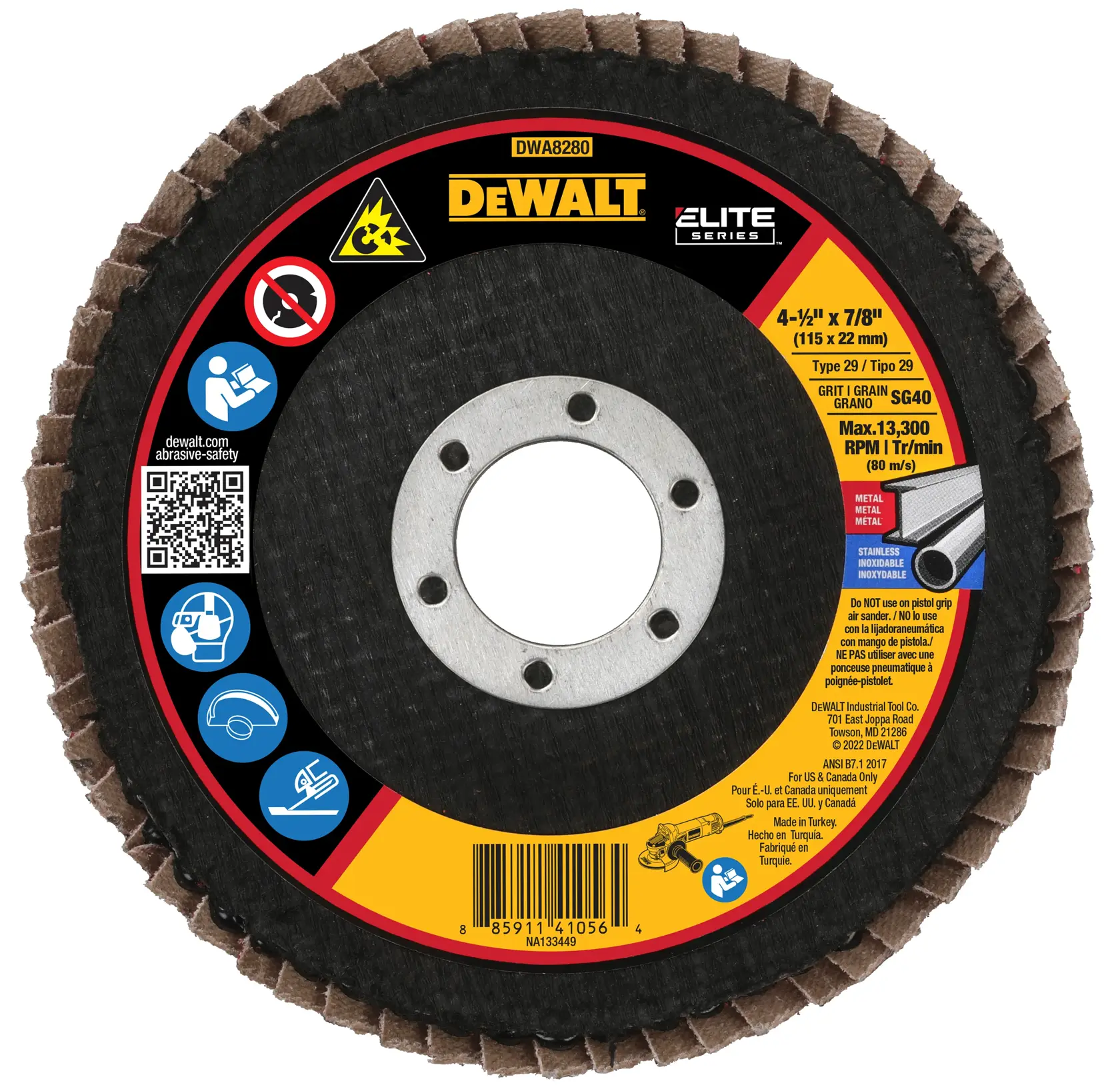 DEWALT Elite Series abrasive flap disc, model DWA8280, Type 29, 4-1/2 inch x 7/8 inch (115 x 22 mm), SG40 grit, for metal and stainless steel, max 13,300 RPM, with safety icons and product instructions on the label.