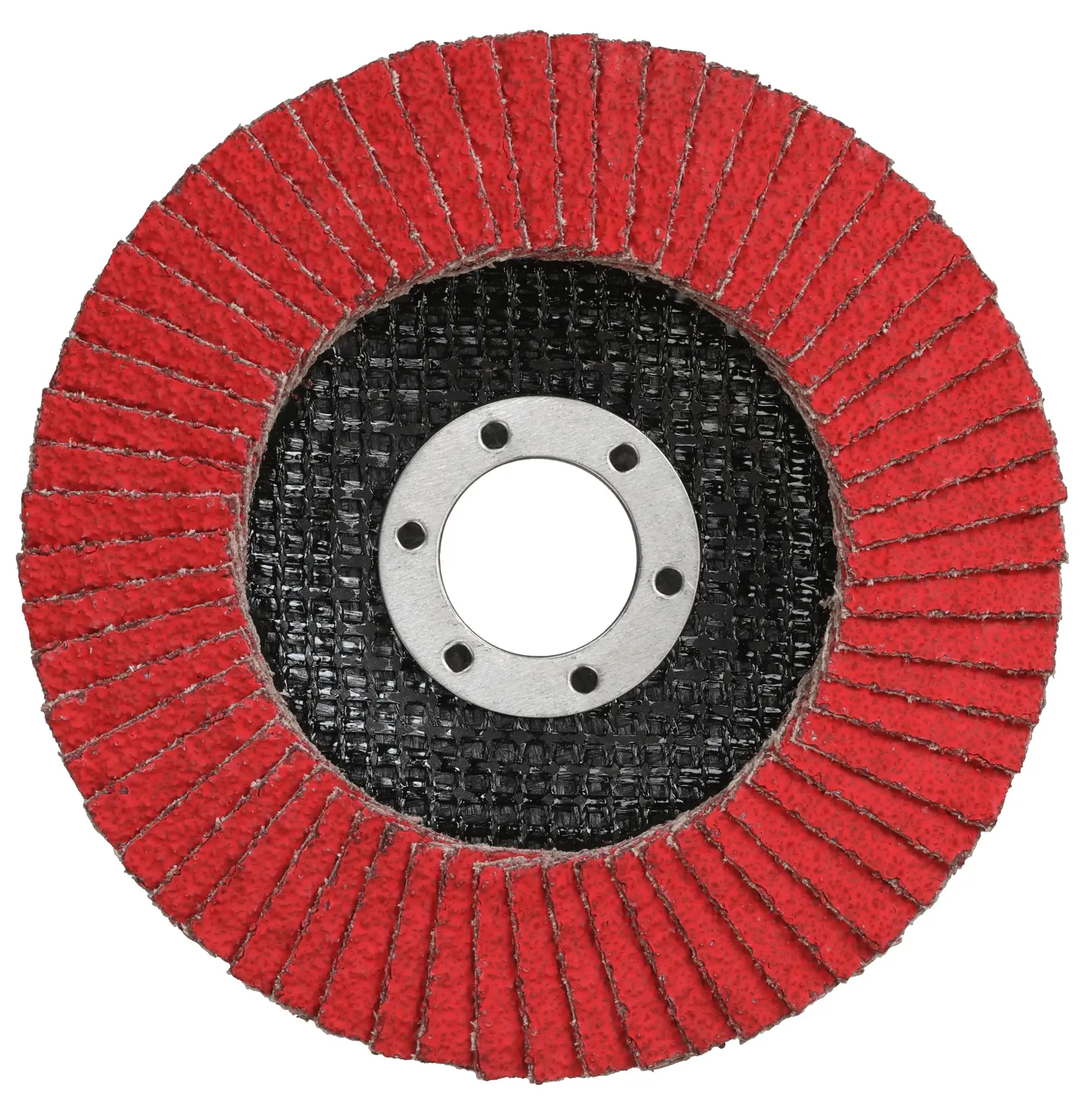 A close-up image of a DEWALT abrasive flap disc with red sanding flaps arranged in a circular pattern around a black mesh center and a metal mounting hole.