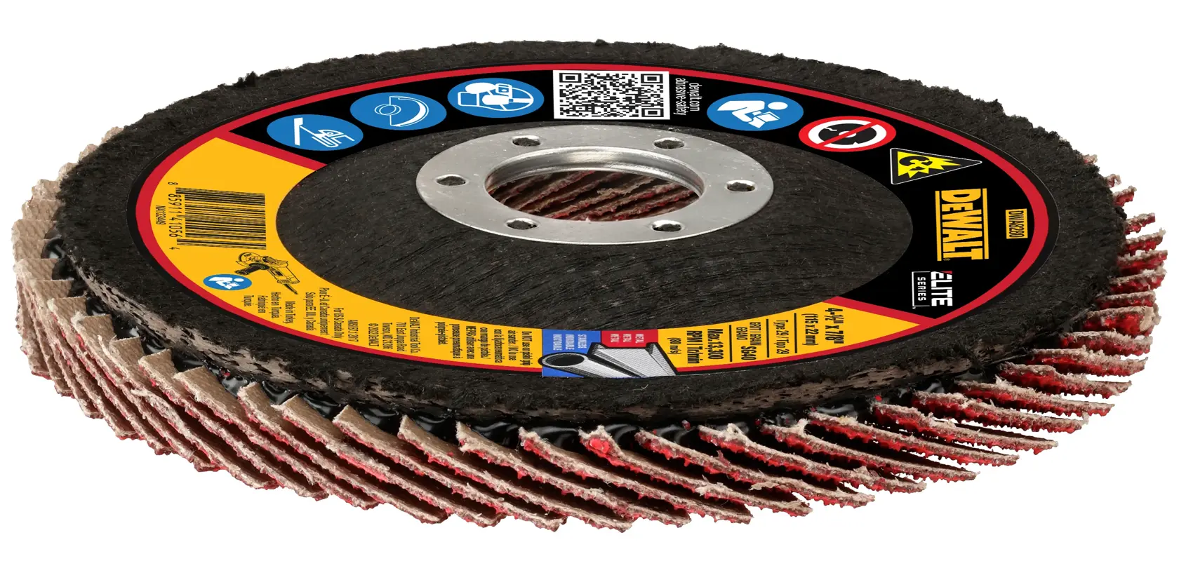 A DEWALT branded abrasive flap disc, model DWA8280, designed for grinding and finishing metal surfaces. The disc has layered abrasive strips and a central mounting hole, with a yellow and black label displaying key information and safety icons.