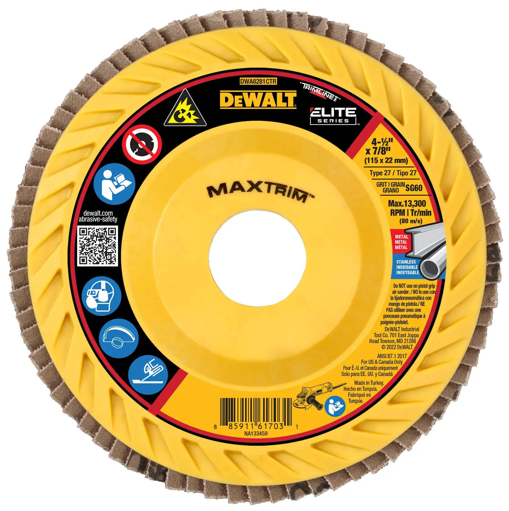 A DEWALT Elite Series Maxtrim flap disc for metal and stainless steel, size 4-1/2 x 7/8 inches, displayed with yellow and black design and product information on the label.