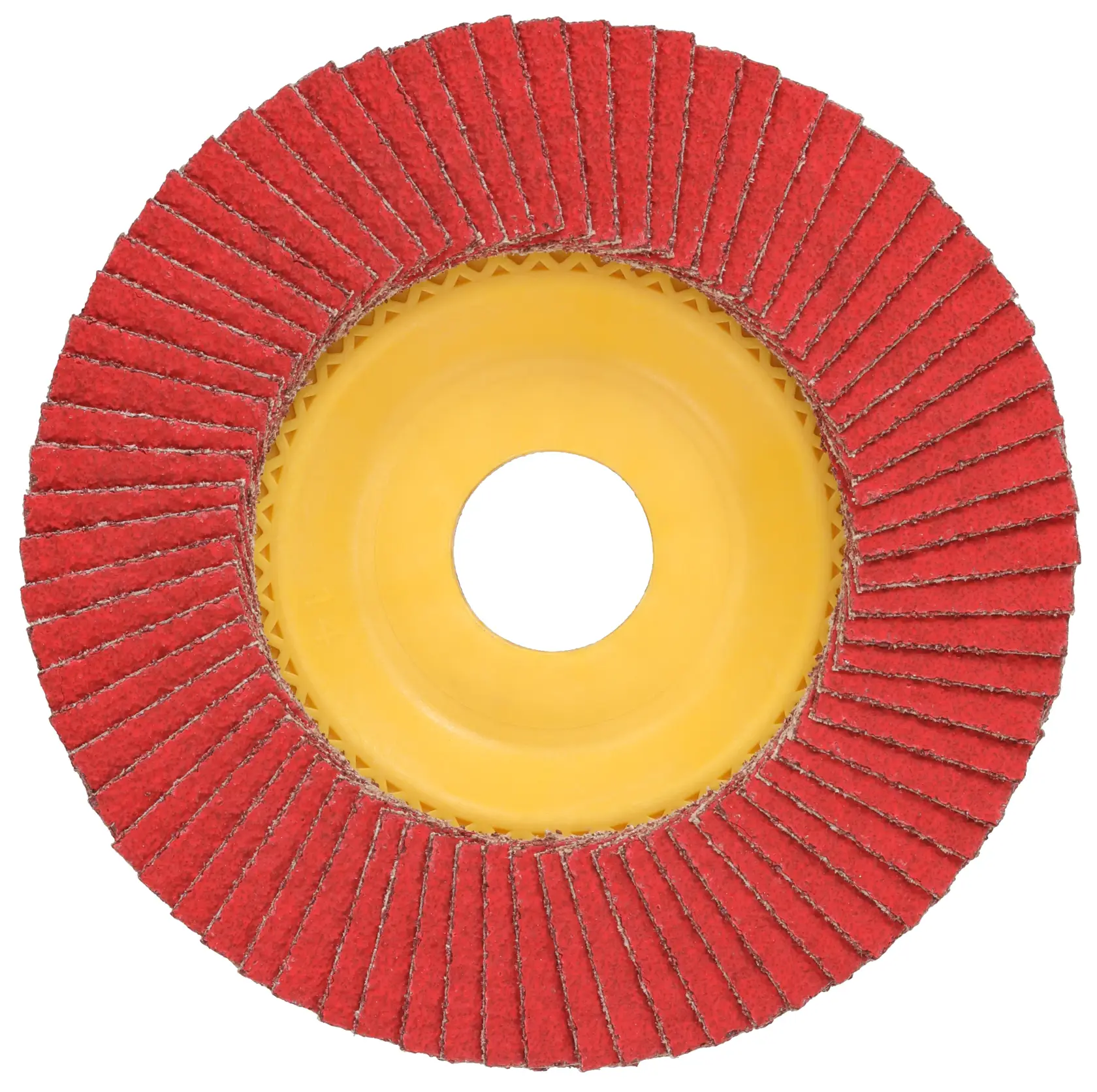 A close-up image of a DEWALT red abrasive flap disc with a yellow plastic center, used for grinding and finishing metal surfaces.