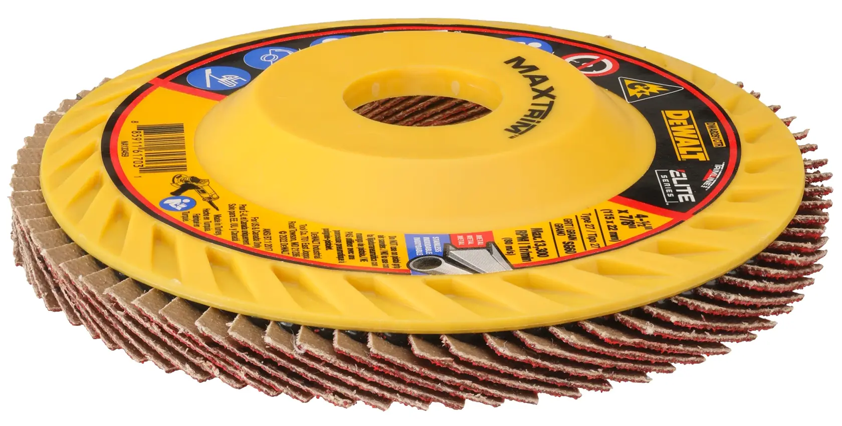 A DEWALT MAXTRIM flap disc with a yellow plastic backing and abrasive flaps, used for grinding or sanding surfaces.