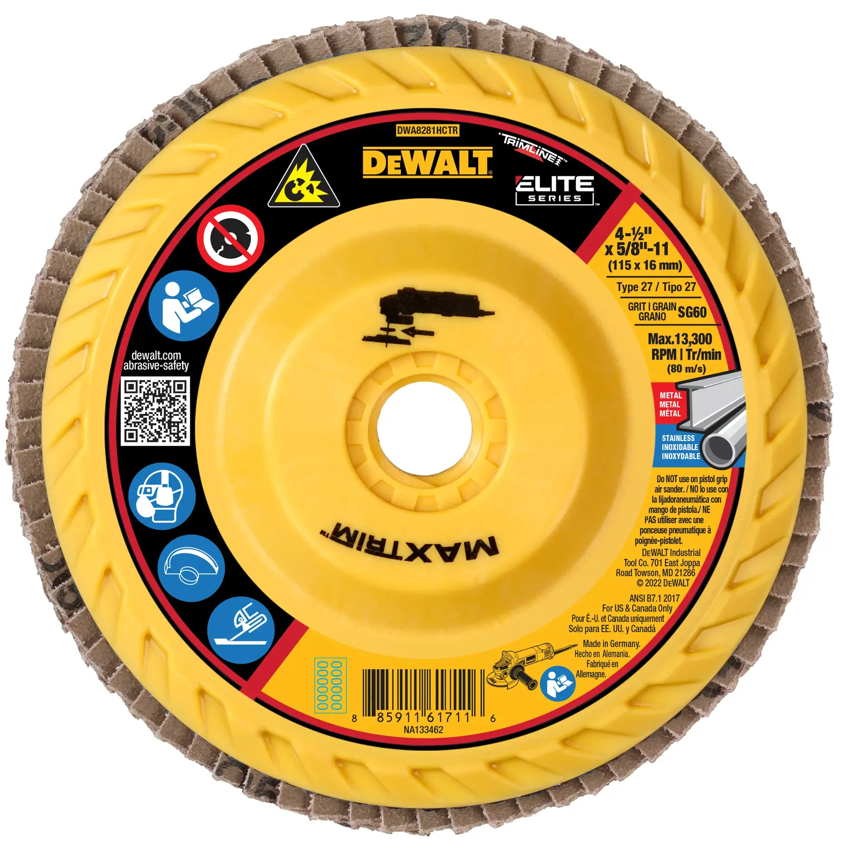 A DEWALT Elite Series Trimline abrasive flap disc for metal and stainless steel, showing product information, usage and safety icons, a QR code, and a yellow plastic hub with abrasive flaps on the rim.