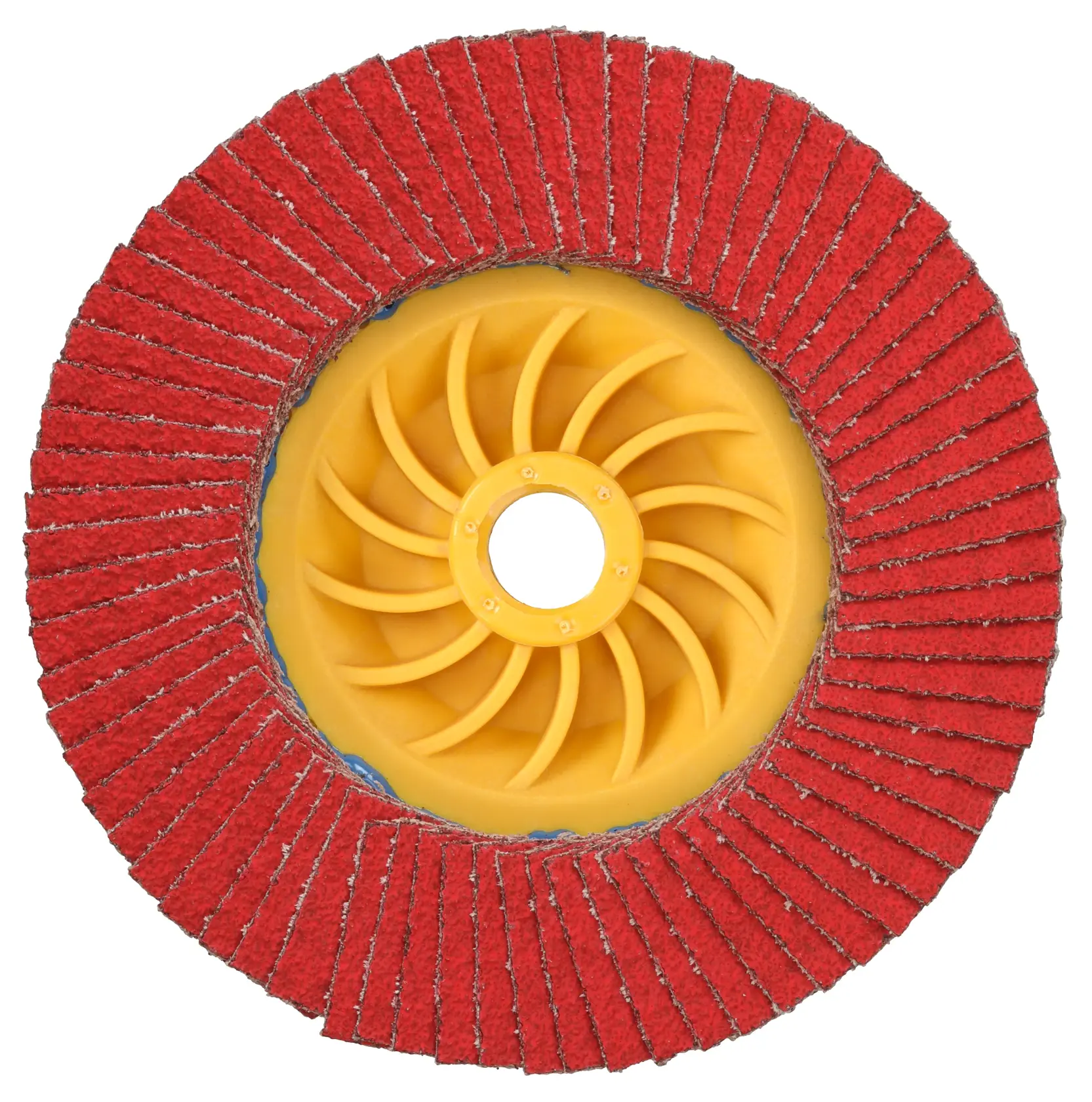 A close-up of a DEWALT circular flap disc with red abrasive flaps and a yellow plastic center, used for grinding and finishing surfaces.