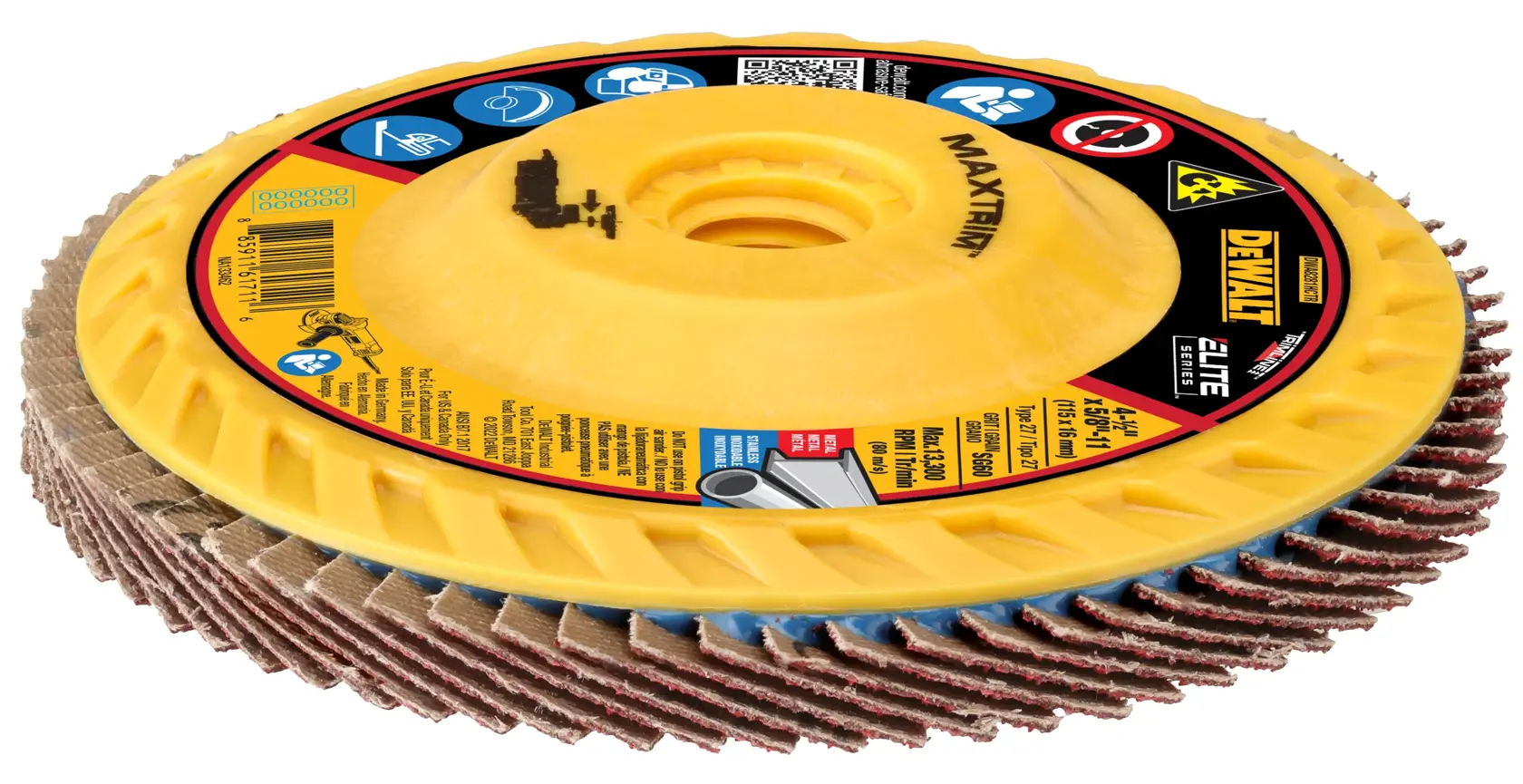 A DEWALT Maxtrim flap disc with a yellow plastic backing and abrasive flaps, designed for grinding and smoothing metal surfaces.