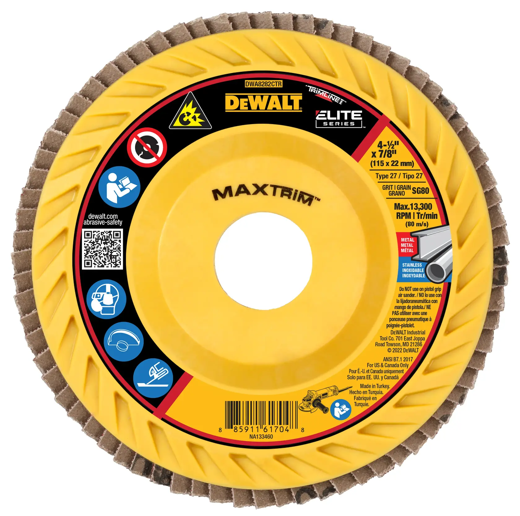 A DEWALT Elite Series Maxtrim flap disc abrasive wheel for metal and stainless steel, featuring a yellow center, barcode, safety icons, and product information in English. The item is labeled with SKU DWA8282CTR and measures 4-1/2 in x 7/8 in (115 x 22 mm), type 27, grit/grain SG80, with a maximum speed of 13,300 RPM.