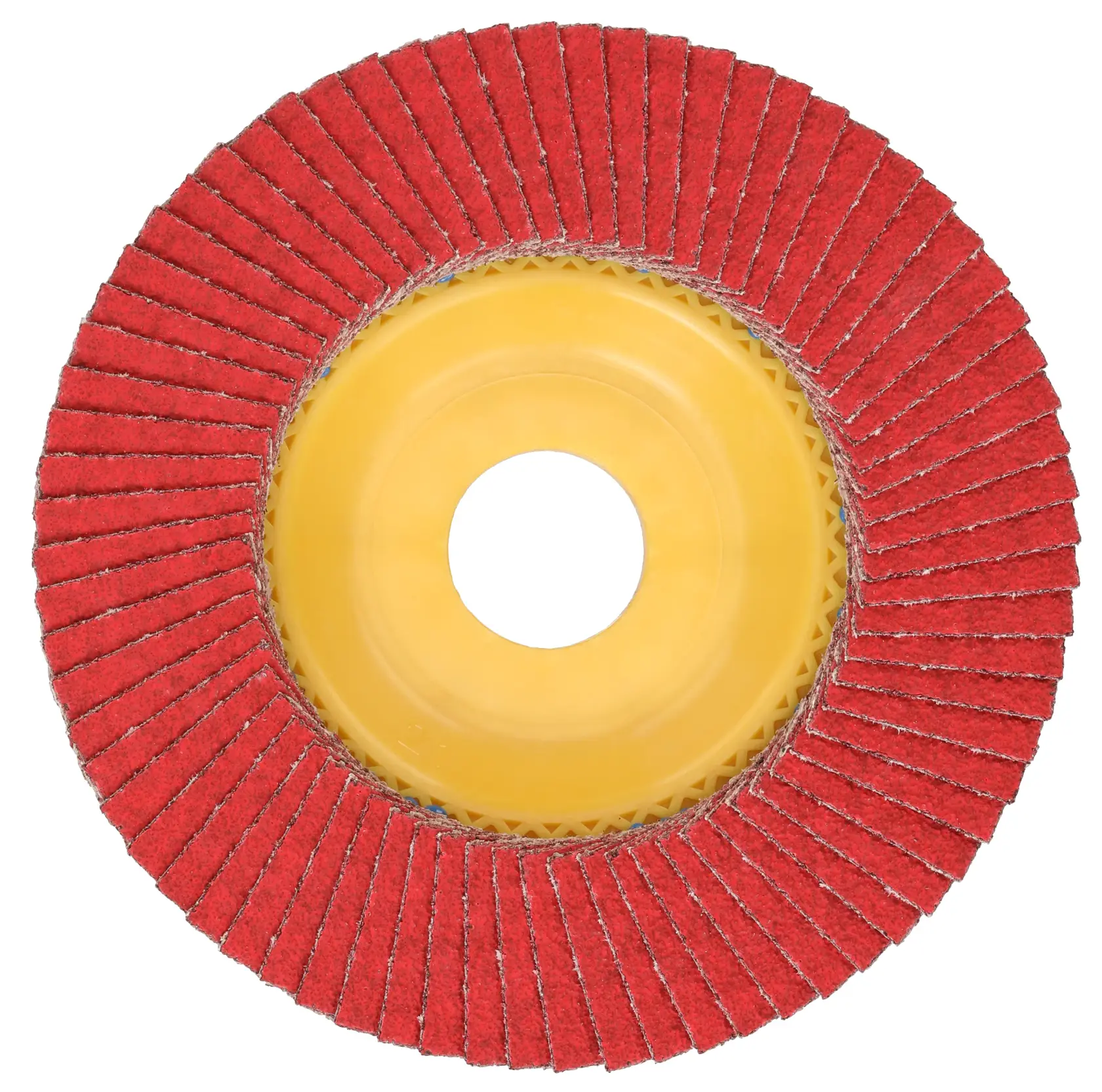 A close-up image of a red abrasive flap disc with a yellow plastic center, used for grinding and finishing surfaces.