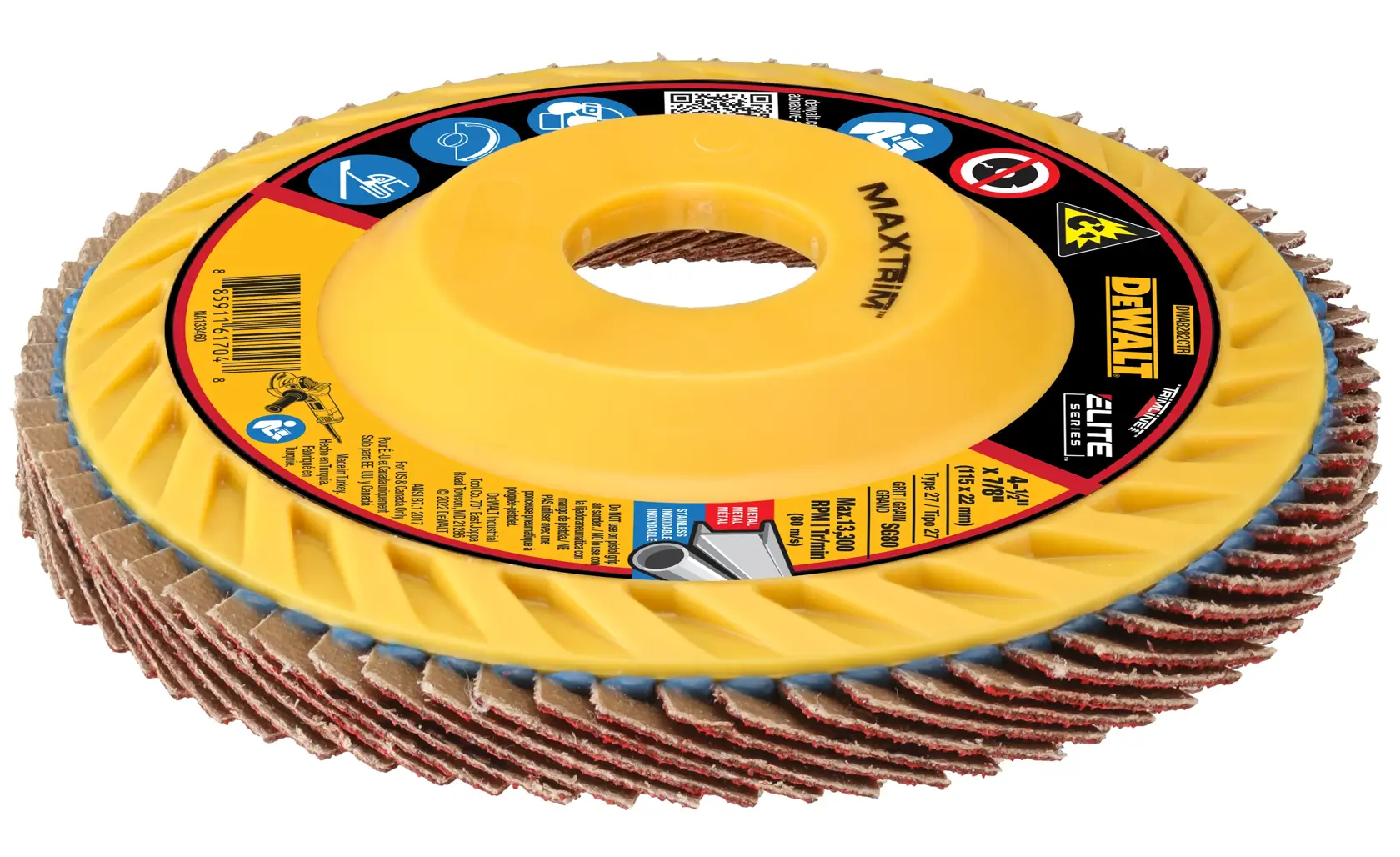 A DEWALT Elite Series MAXTRIM flap disc with a yellow plastic backing and abrasive flaps, designed for grinding and finishing metal surfaces. The label includes product information and safety icons.