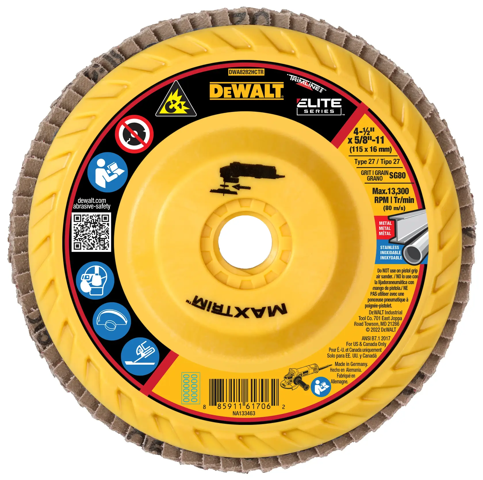 A DEWALT Elite Series Trimline flap disc with yellow backing and abrasive edges. The label displays safety symbols, product information, barcode, and usage instructions. Size: 4-1/2 inch x 5/8-11 inch (115 x 16 mm), type 27, grit SG80 for metal and stainless steel.