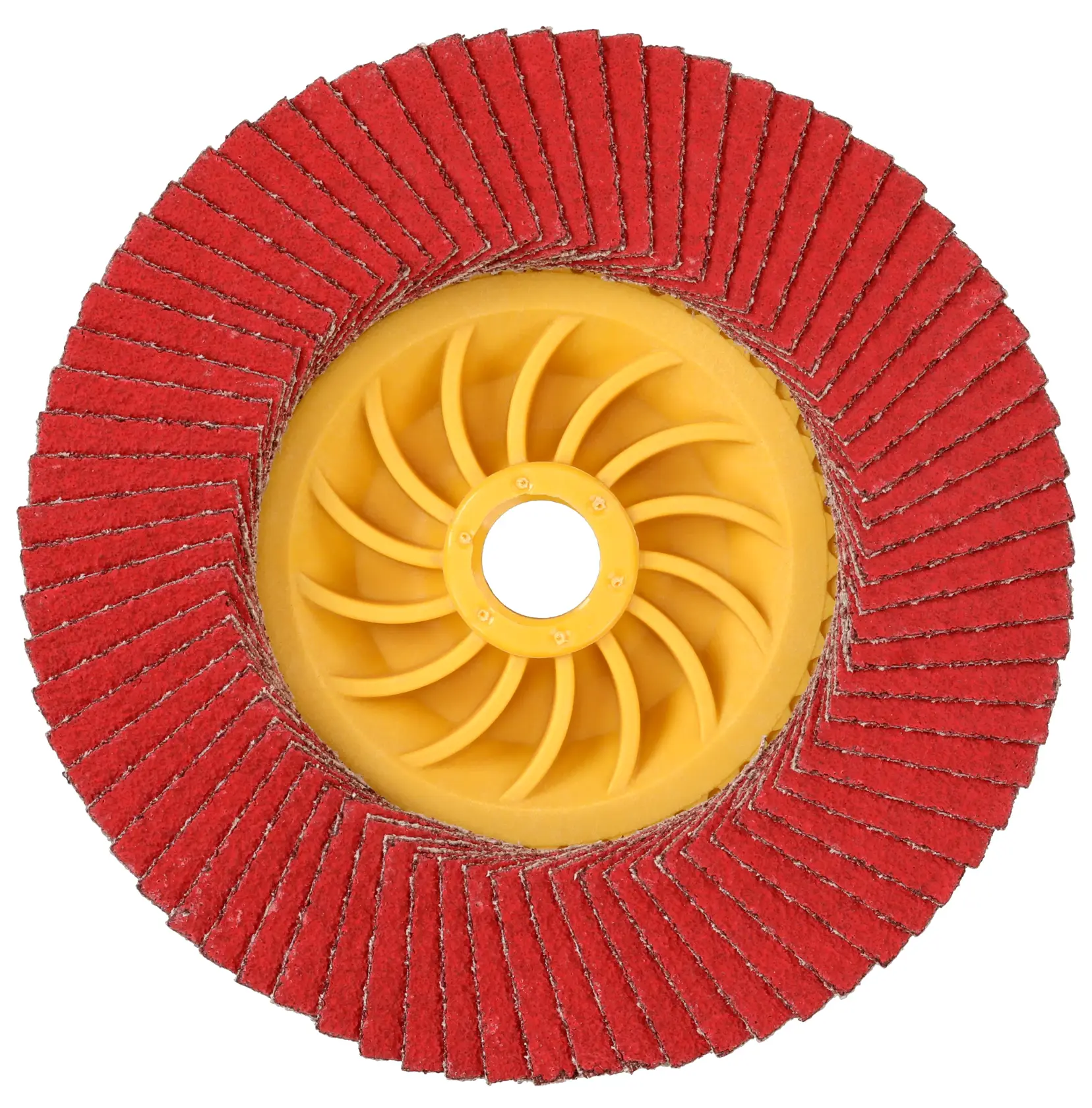 A close-up image of a red abrasive flap disc with a yellow plastic center, used for sanding and grinding surfaces.