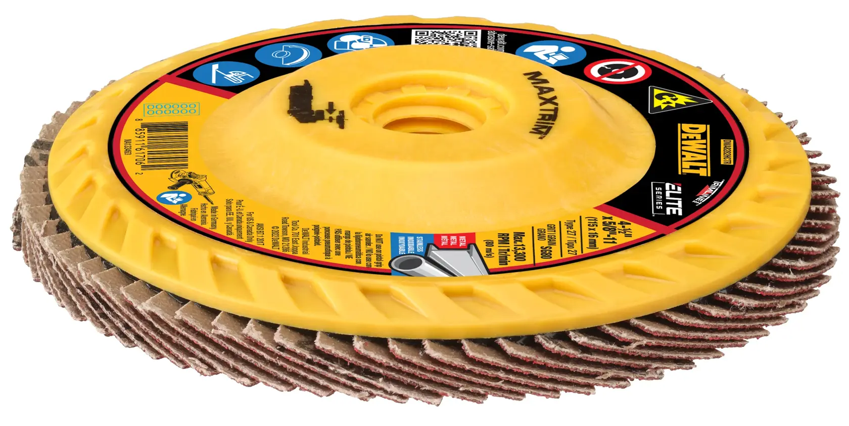 A DEWALT yellow and black flap disc with abrasive sanding blades, model DWA8282HCTR, used for grinding and finishing metal surfaces.