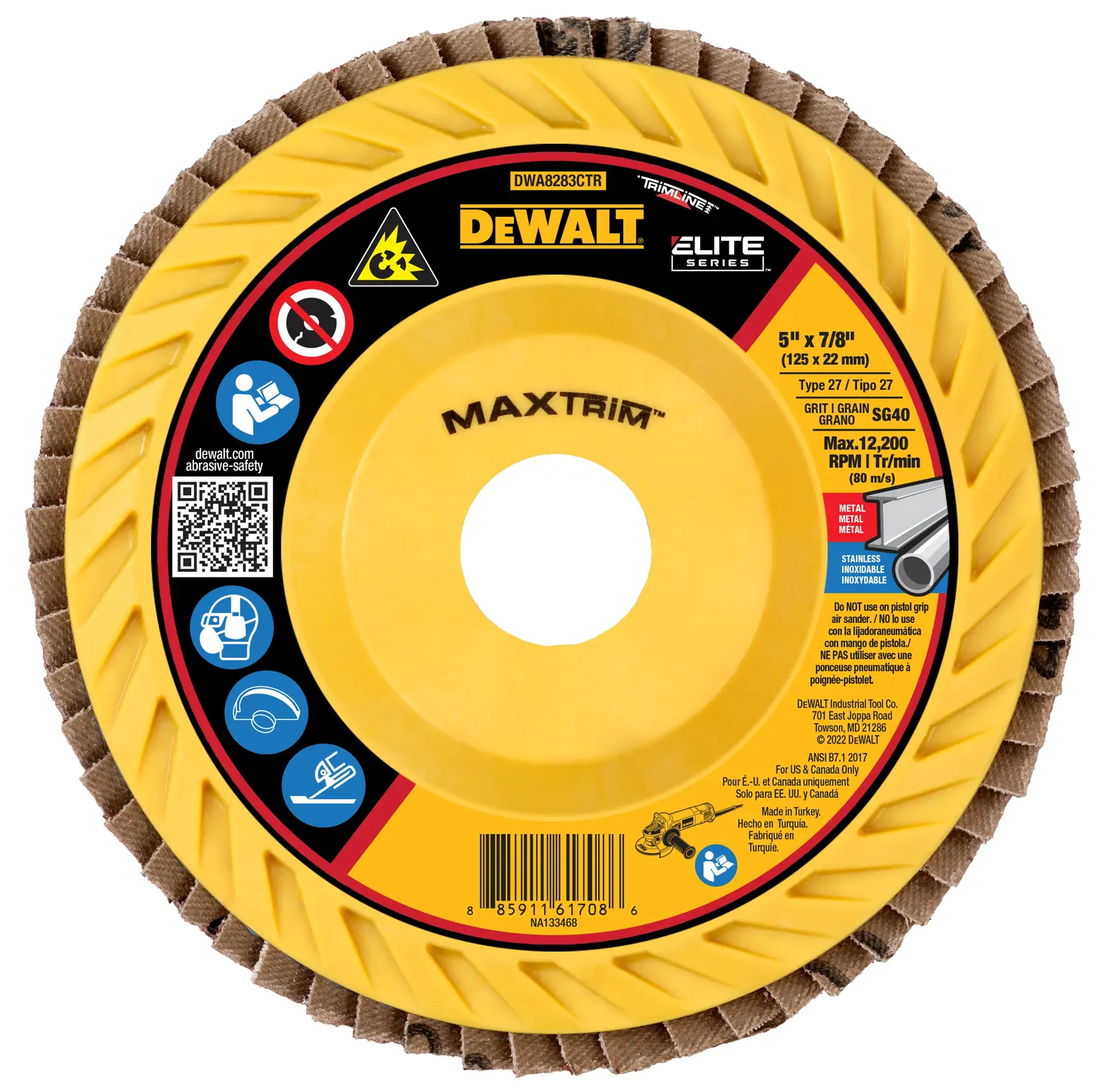 Close-up image of a DEWALT Elite Series MaxTrim flap disc, model DWA8283CTR, featuring yellow housing and abrasive flaps. The disc is labeled for use with metal and stainless steel, and has specifications including 5 inch diameter, 7/8 inch arbor, and maximum 12,200 RPM. Various safety icons and instructions are visible on the product label.