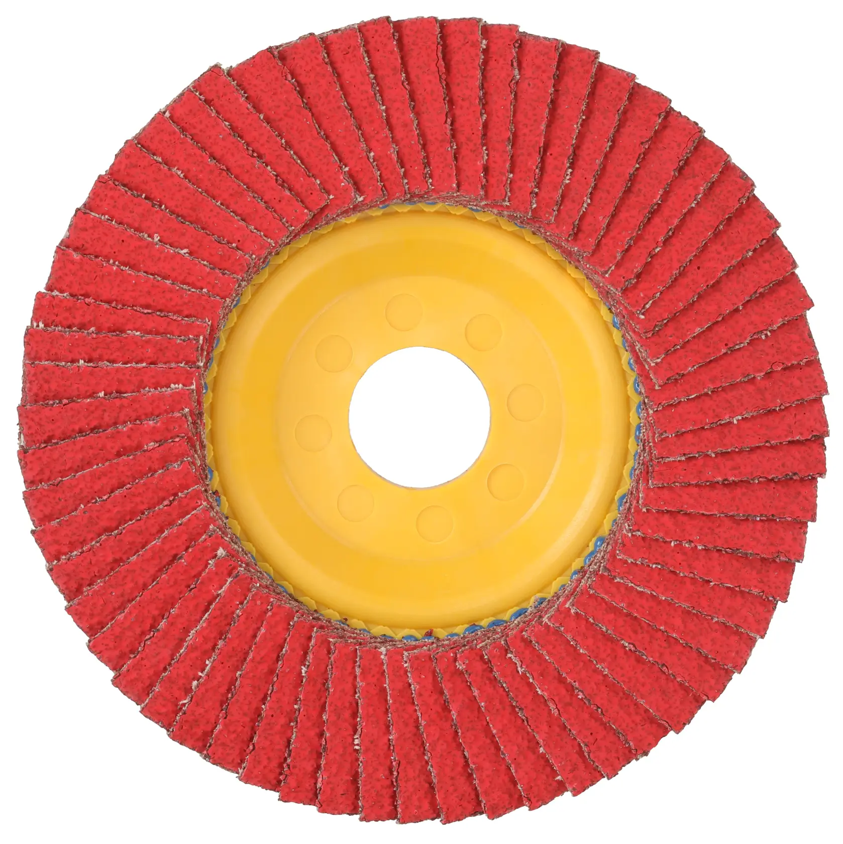 A close-up image of a DEWALT abrasive flap disc with a yellow center and red sanding flaps, used for grinding, sanding, and finishing metal surfaces.