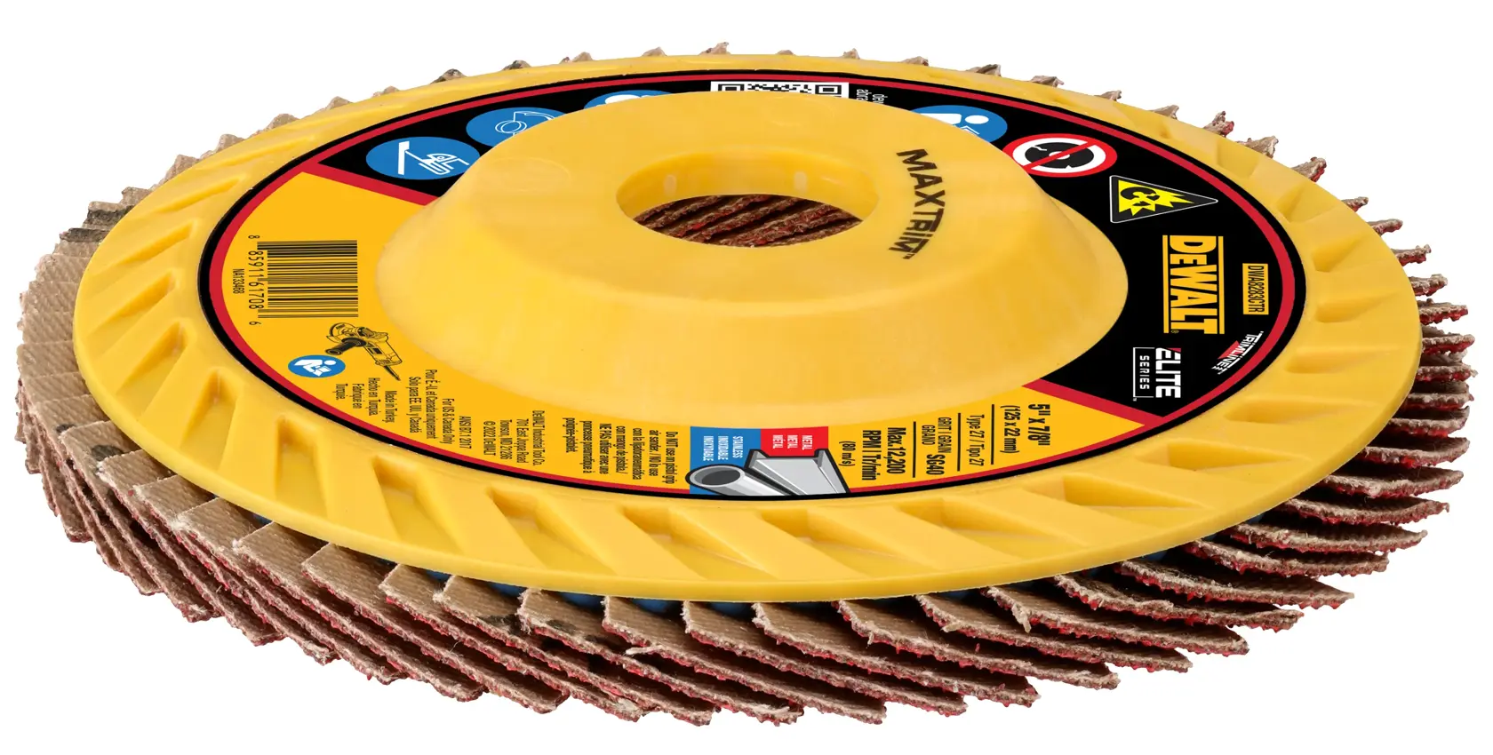 A DEWALT branded yellow abrasive flap disc designed for use with angle grinders, featuring layered abrasive flaps and a central mounting hole.