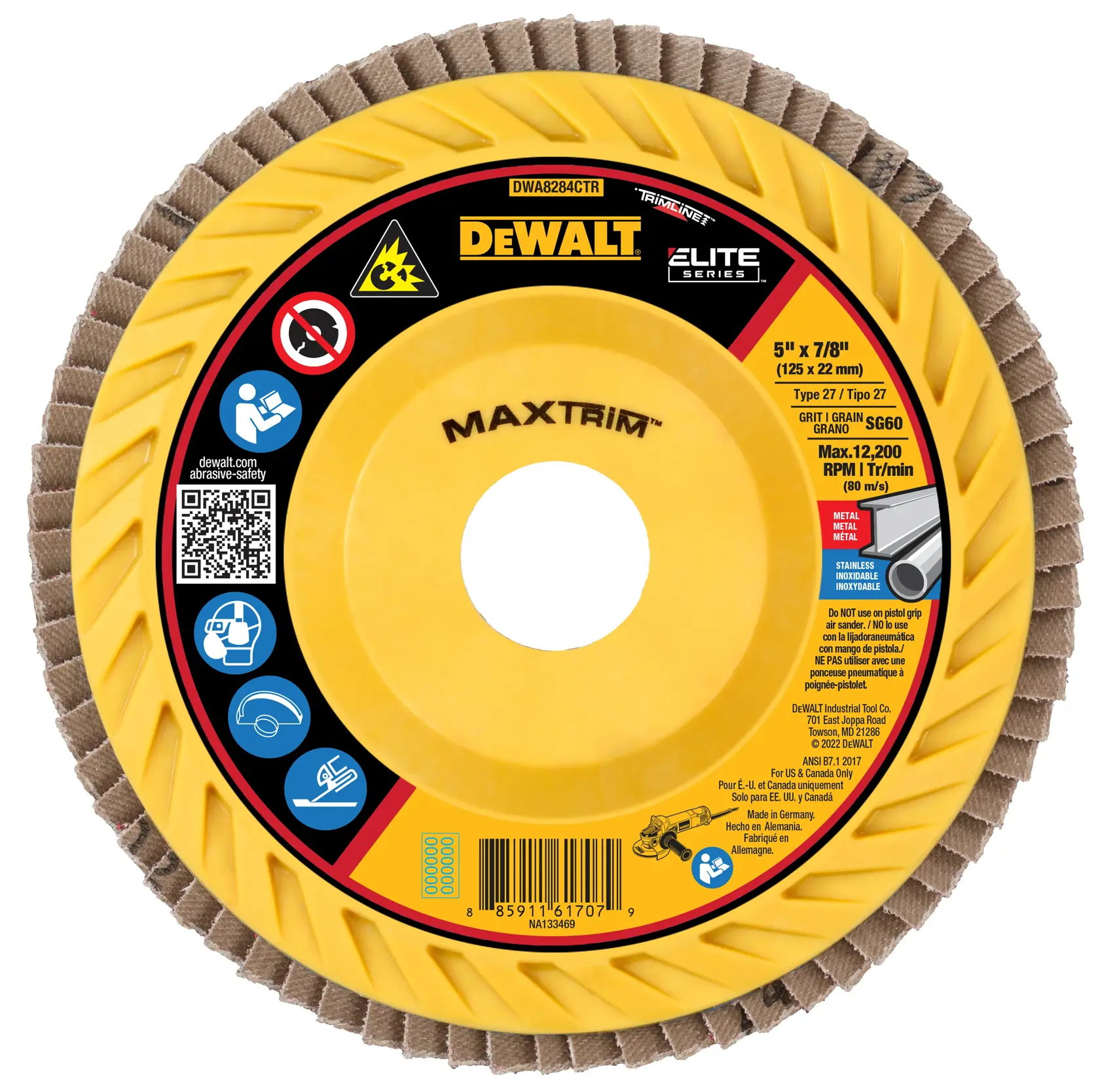 Close-up image of a DEWALT Maxtrim Elite Series flap disc, model DWA8284CTR, showing its label details such as the product barcode, usage icons, grit specification (SG60), maximum speed (12,200 RPM), and material compatibility for metal and stainless steel.