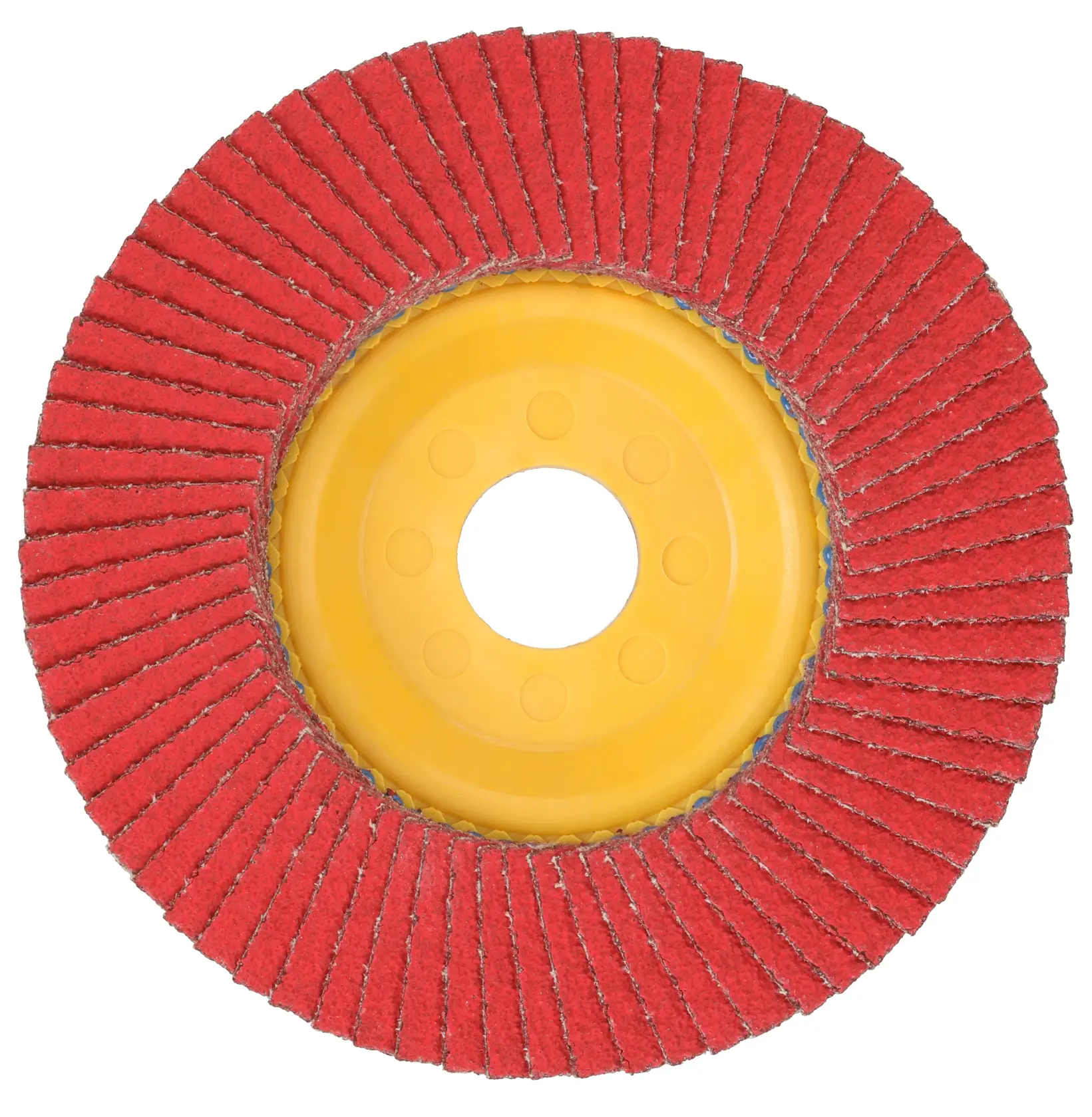 A close-up image of a DEWALT red and yellow abrasive flap disc used for grinding and finishing surfaces.