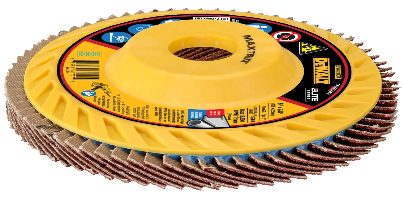 A DEWALT MaxFit Elite flap disc with a yellow center and brown abrasive flaps, used for grinding and finishing metal surfaces.