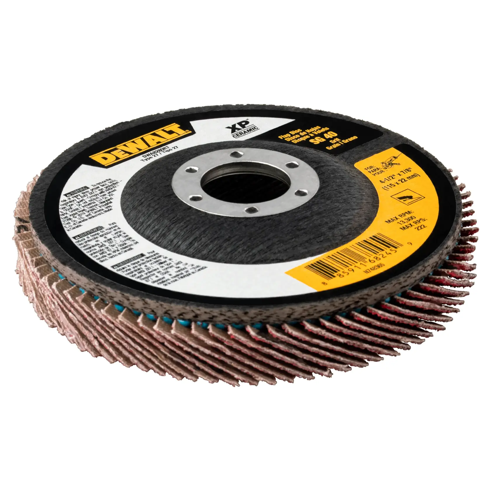 A DEWALT ceramic flap disc with a 7/8 inch arbor hole, featuring abrasive flaps arranged in a circular pattern, used for grinding and finishing metal surfaces.