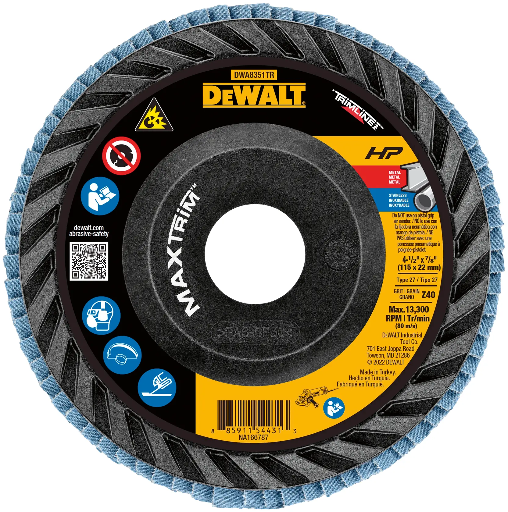 DEWALT Maxtrim flap disc model DWA8351TR for metal and stainless steel. The disc is round, featuring segmented blue abrasive edges, black center hub, and multiple safety icons. It is labeled Type 27, 4-1/2 inch by 7/8 inch, Grit Z40, maximum 13,300 RPM, and made in Turkey. Safety instructions and a QR code are visible on the label.