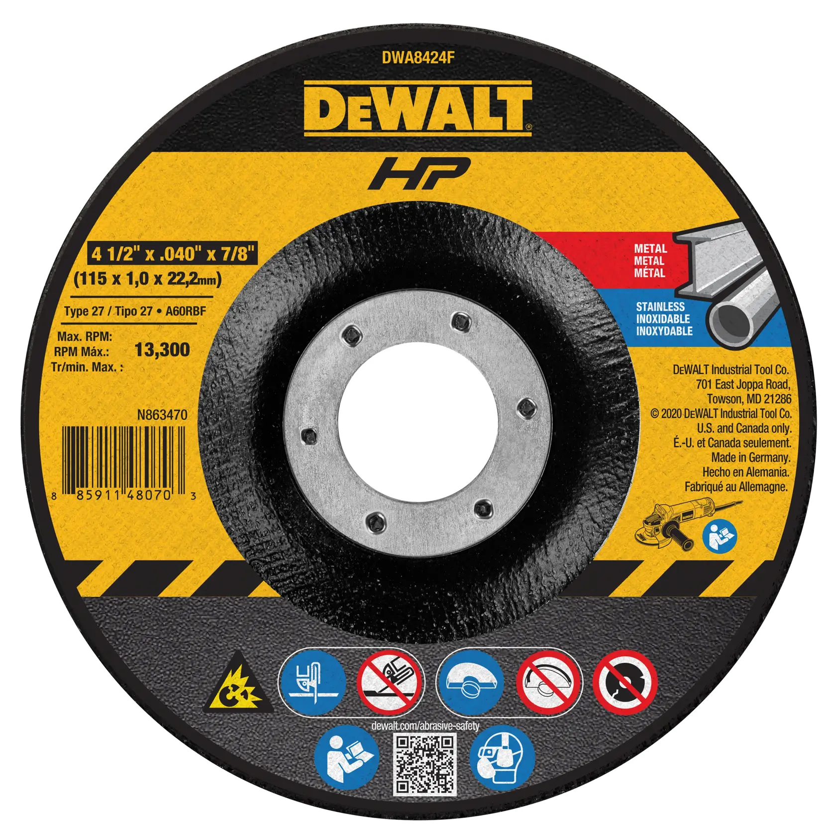 A DEWALT HP grinding wheel for metal and stainless steel. The wheel is type 27, model DWA8424F, with a size of 4 1/2 inches x 0.040 inches x 7/8 inches (115 x 1.0 x 22.2mm). It features various safety icons and information such as a maximum RPM of 13,300. The label indicates it is made in Germany and is suitable for use in the U.S. and Canada.