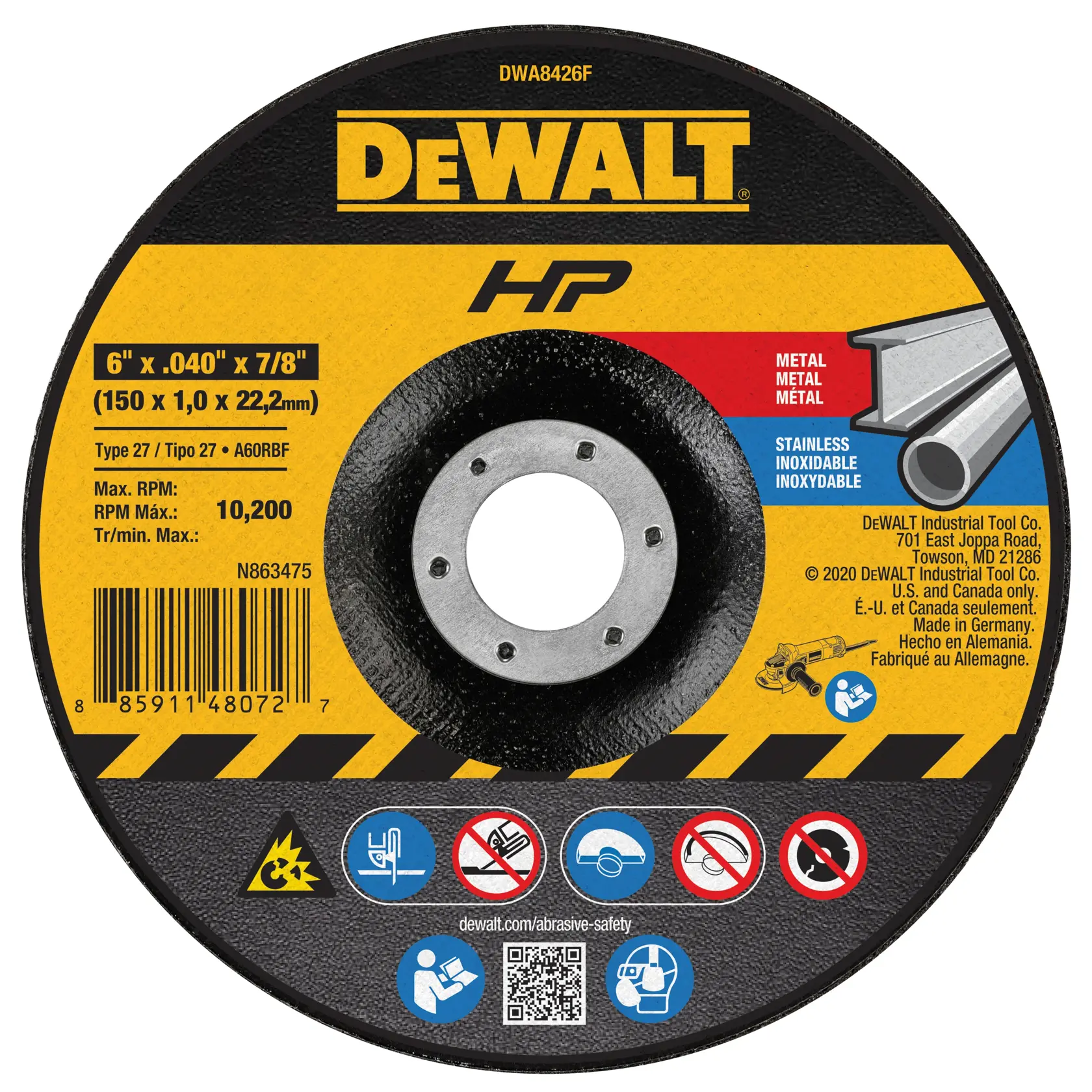 DEWALT DWA8426F grinding or cutting wheel for metal and stainless steel, with specifications including 6 inches x 0.040 inches x 7/8 inches (150 x 1.0 x 22.2mm), maximum RPM of 10,200. Features safety and usage icons on the bottom, barcode, and company contact information. The product is made in Germany.