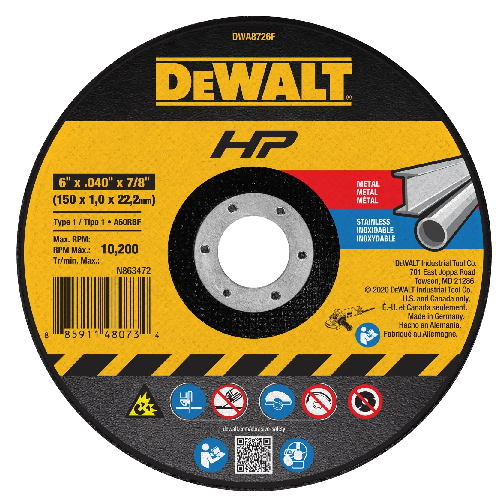 DEWALT DWA8726F abrasive cutting disc for metal and stainless steel, 6 inch diameter, 0.040 inch thickness, 7/8 inch arbor. Label includes safety icons, barcode, and manufacturer details. Black and yellow disc with DEWALT branding.