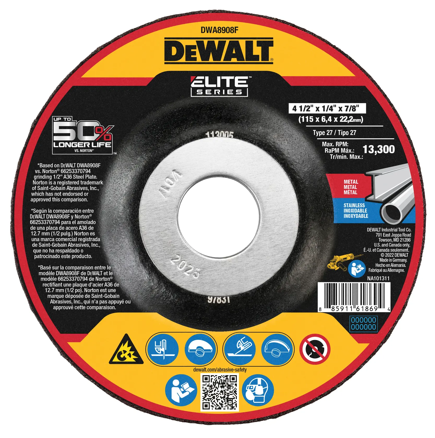 Front view of a DEWALT Elite Series grinding wheel, model DWA8908F. The disc shows specifications: size 4 1/2 in x 1/4 in x 7/8 in (115 x 6.4 x 22.2 mm), Type 27, maximum RPM 13,300. It is designed for grinding metal and stainless steel. The label displays DEWALT branding, safety icons, a barcode, and a QR code.