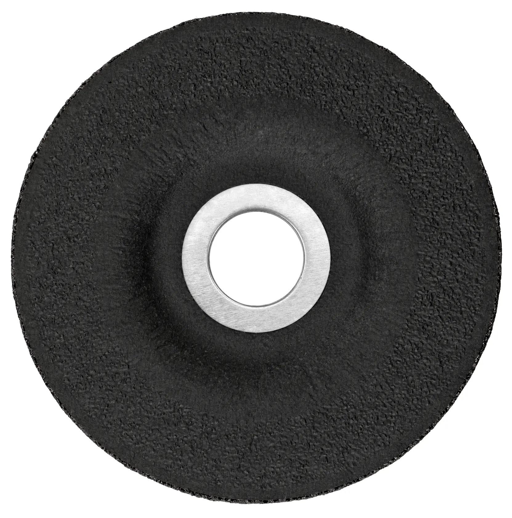 A close-up image of a black abrasive grinding wheel with a metal center, typically used for metalworking and cutting applications.