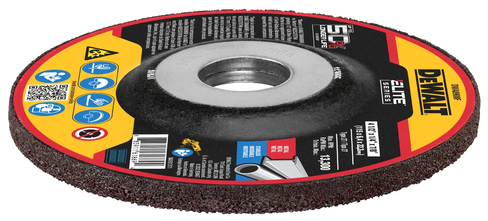 A DEWALT branded abrasive grinding wheel, labeled as part of the Elite Series. The circular disc features a metal center and is designed for use with metal materials. Safety and usage icons are visible around the label.