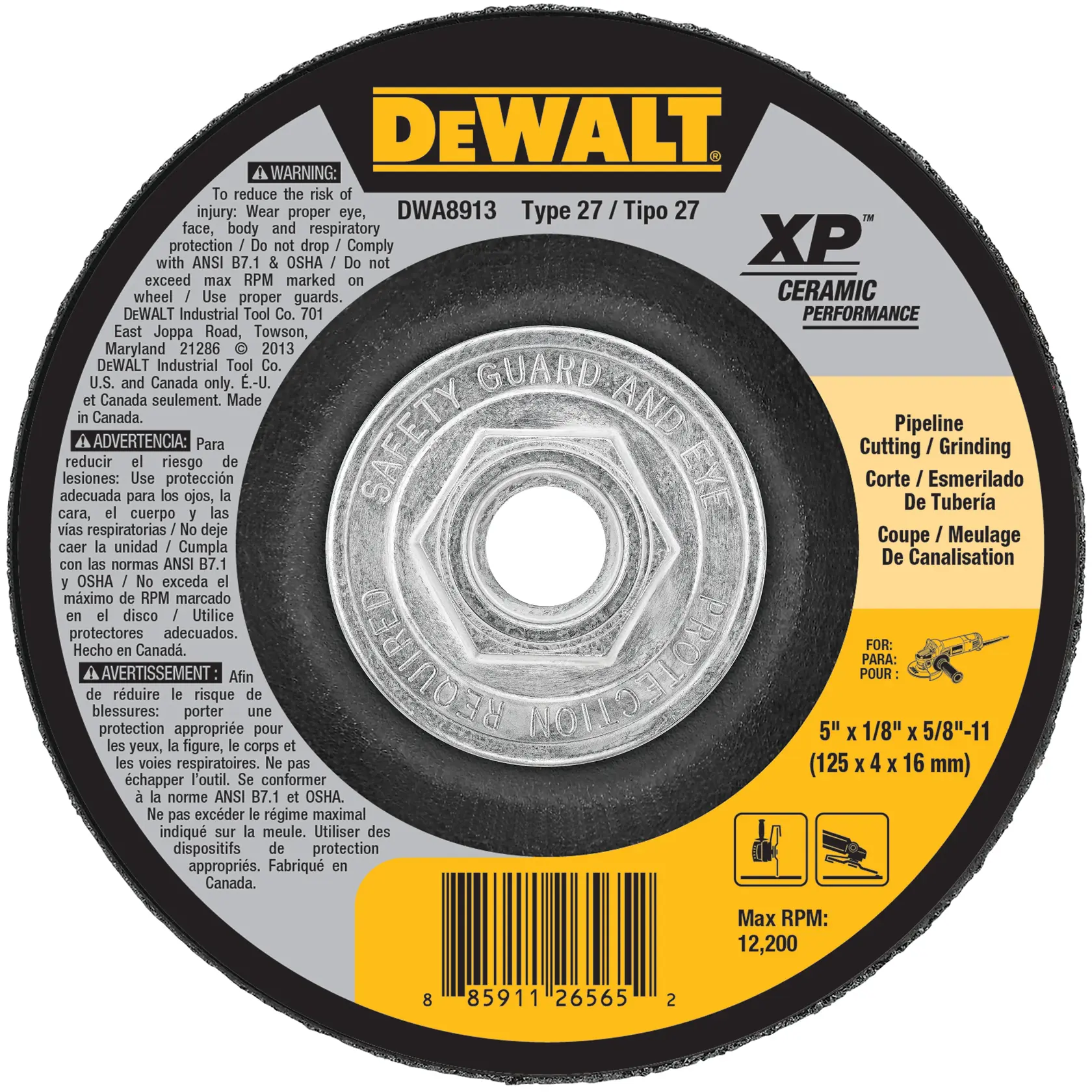 A DEWALT branded pipeline cutting and grinding disc, Type 27, model DWA8913. The disc features ceramic performance and safety warnings in English, Spanish, and French. Size is 5 inches x 1/8 inch x 5/8-11 (125 x 4 x 16 mm) with a maximum RPM of 12,200. The label includes an illustration of a grinder and a barcode.
