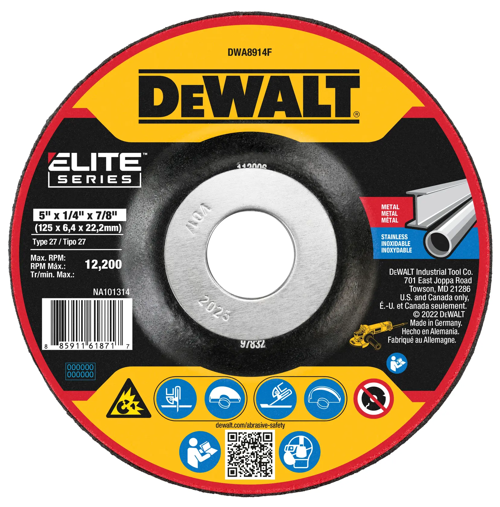 Close-up image of a DEWALT Elite Series grinding wheel, model DWA8914F. The wheel is labeled for metal and stainless steel use, with maximum RPM of 12,200. The size is 5 inch x 1/4 inch x 7/8 inch (125 x 6.4 x 22.2 mm). Safety symbols and a QR code for abrasive safety information are visible on the label.