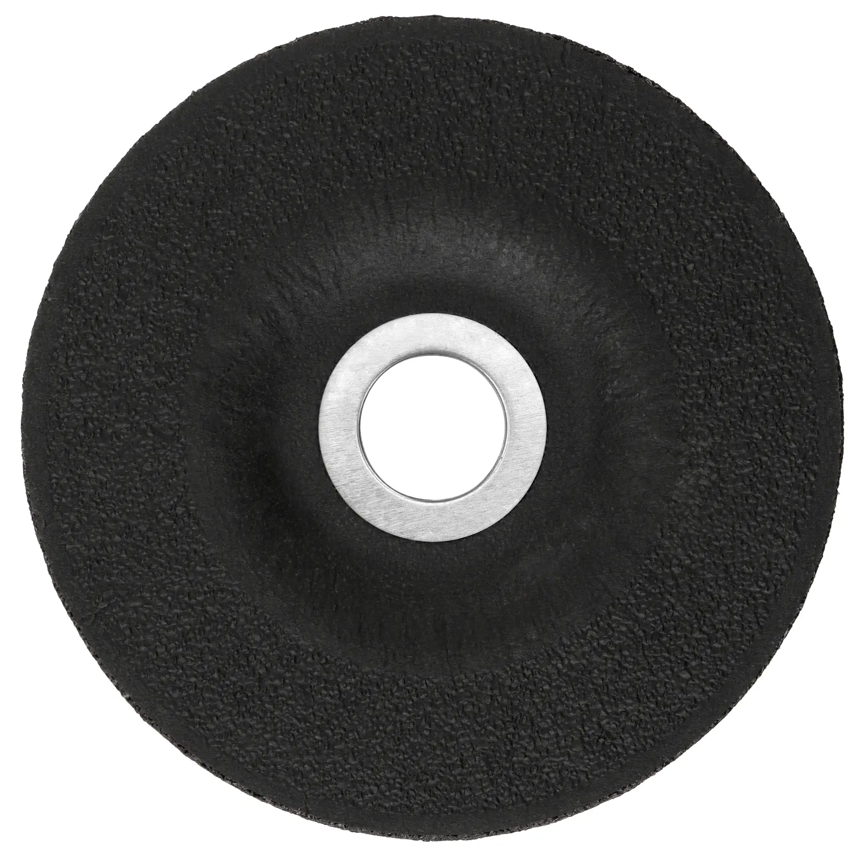 A close-up image of a black, textured DEWALT grinding wheel with a central metal ring.