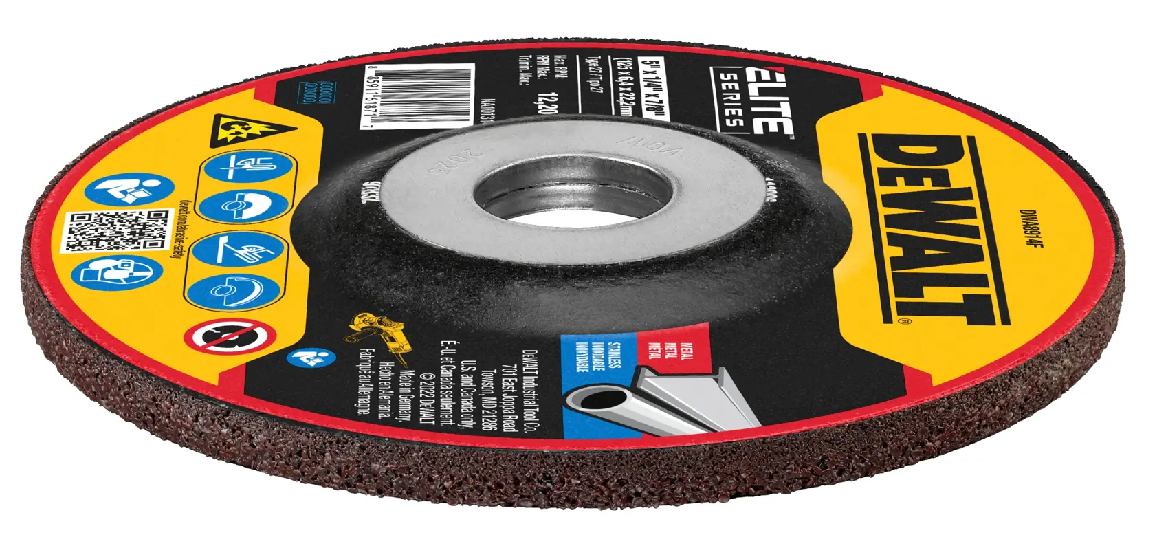 A DEWALT branded grinding wheel with a metal center, labeled Elite Series for use on metal surfaces. The product shows safety symbols and usage instructions on its label.
