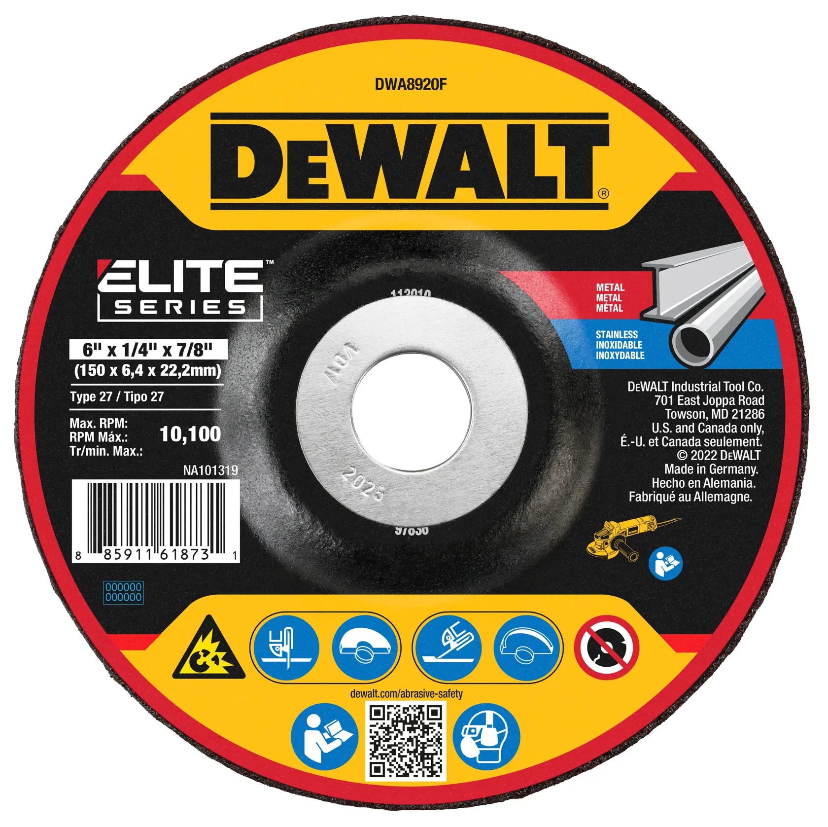 A DEWALT Elite Series 6-inch by 1/4-inch by 7/8-inch grinding and abrasive wheel, model DWA8920F, suitable for cutting metal and stainless steel. The black and red disc features various safety and usage icons, a barcode, product specifications, and manufacturing details.