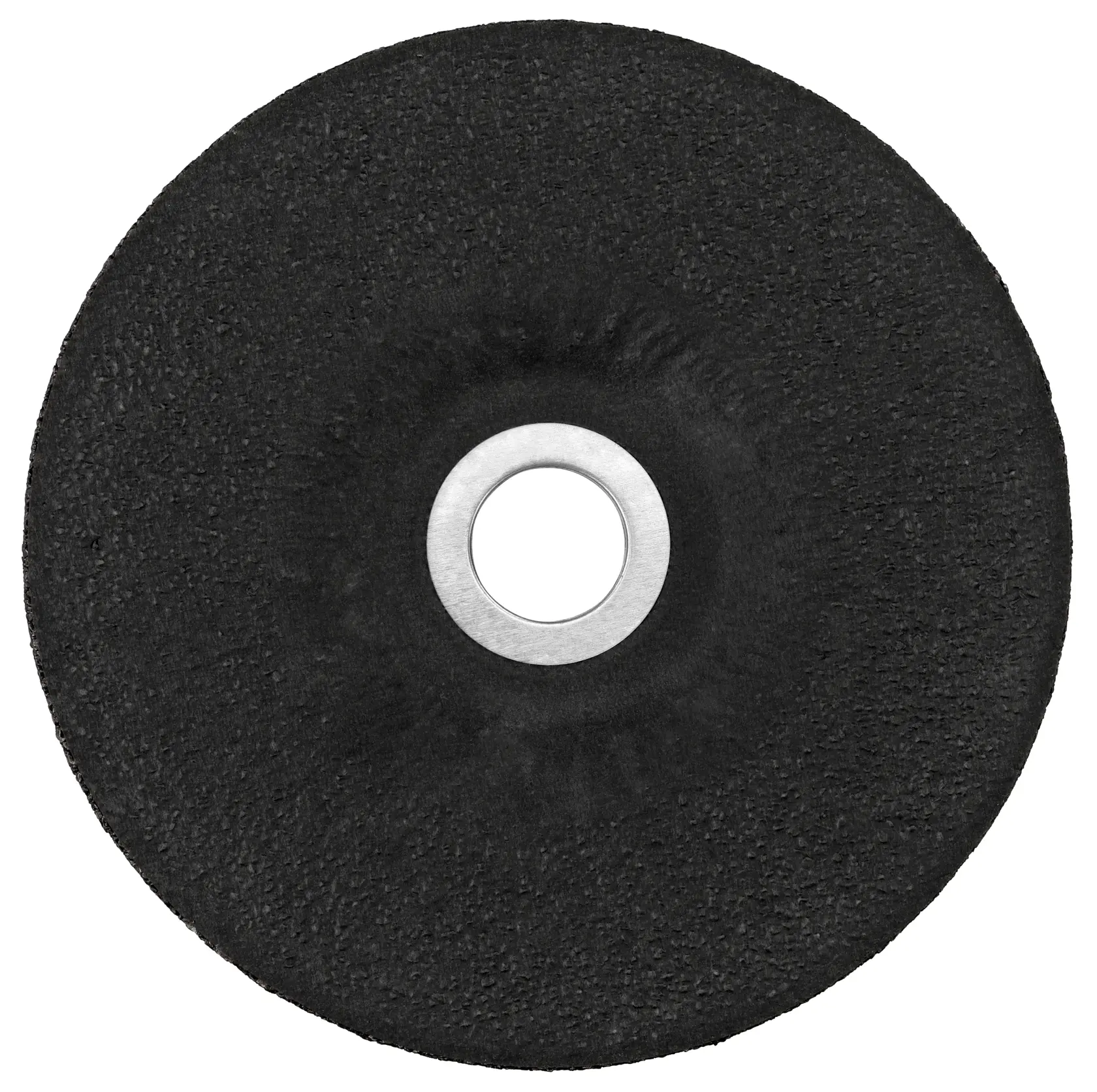A close-up image of a black DEWALT grinding wheel with a textured surface and a metal center hole.