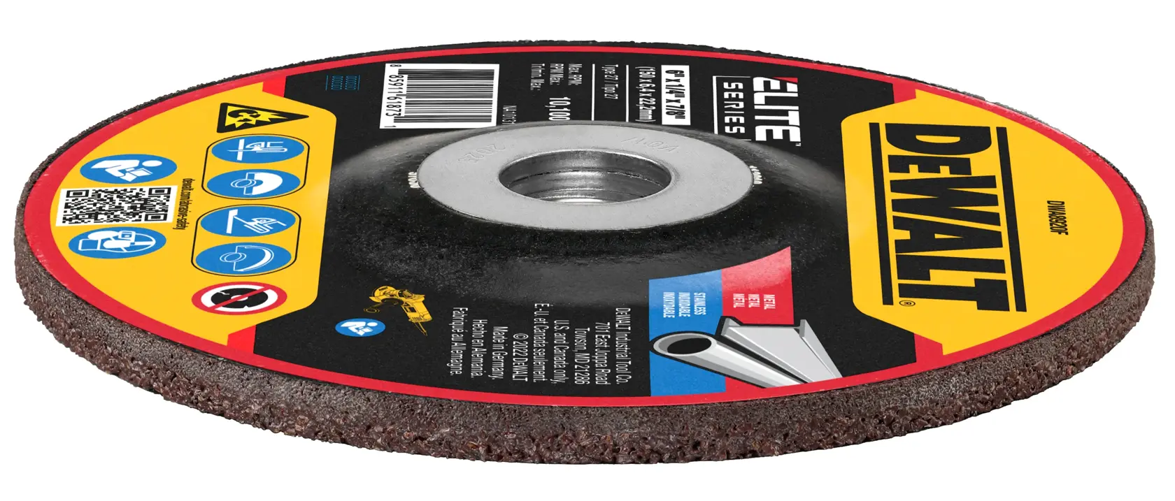A DEWALT branded grinding wheel from the Elite Series, featuring a central hole and safety instructions printed on the label. The wheel is designed for metalworking and has a black abrasive surface with a yellow, red, and black label.