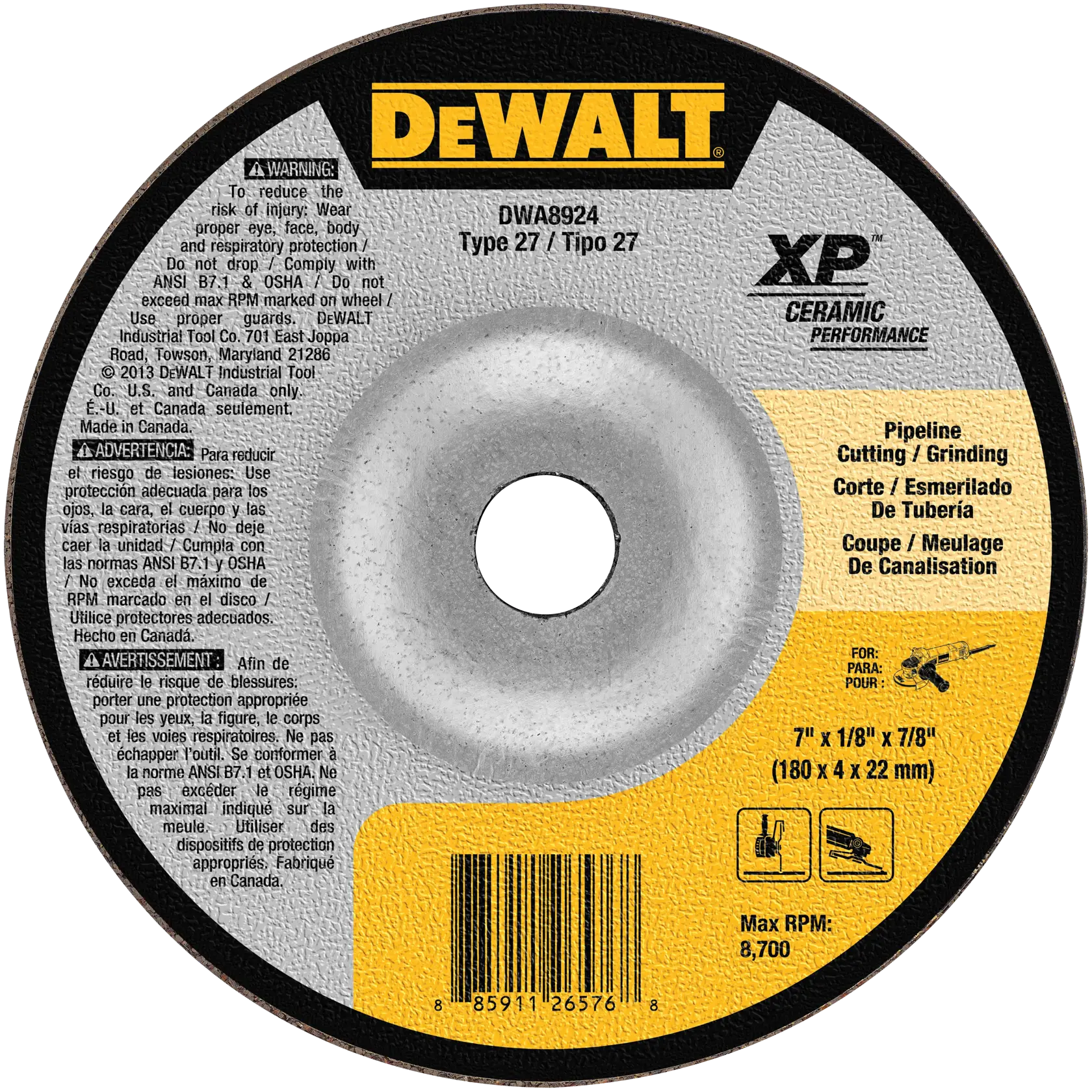 A close-up image of a DeWalt DWA8924 pipe cutting and grinding wheel, type 27, featuring ceramic performance. The wheel displays safety instructions in English, Spanish, and French, performance details, and a yellow-black design with a central hole.