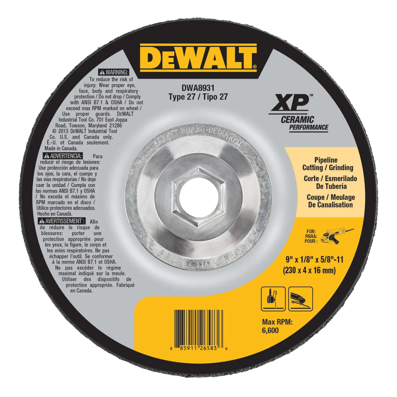 A DEWALT DWA8931 Type 27 ceramic performance grinding and cutting wheel for pipeline applications, featuring safety warnings, multilingual instructions, and product specifications including 9 inch diameter, 1/8 inch thickness, 5/8-11 arbor, and maximum RPM of 6,600.