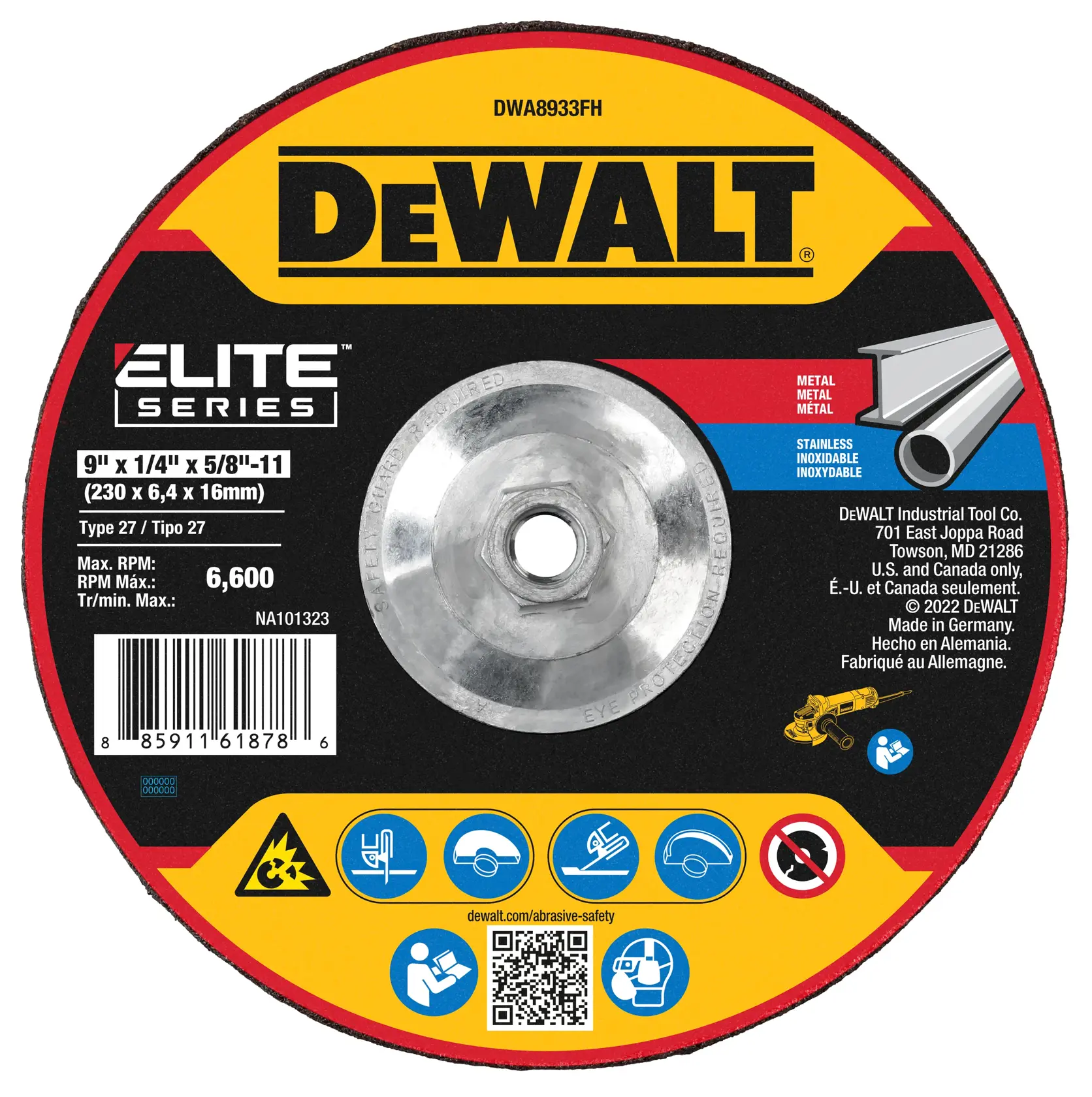 A DEWALT Elite Series grinding wheel for metal and stainless steel, model DWA8933FH, 9 inches diameter by 1/4 inch thick with 5/8 inch-11 arbor, maximum RPM 6,600. The wheel features safety and usage icons, barcode, and manufacturer information.