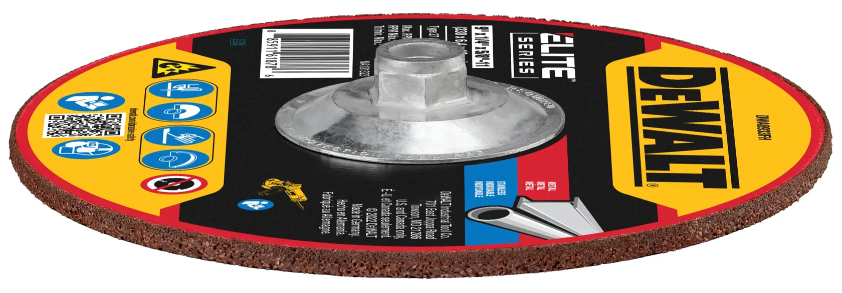 A DEWALT branded grinding wheel, model DWA8933FH, with a metal attachment hub. The label features safety symbols and product specifications, designed for use with metal materials.
