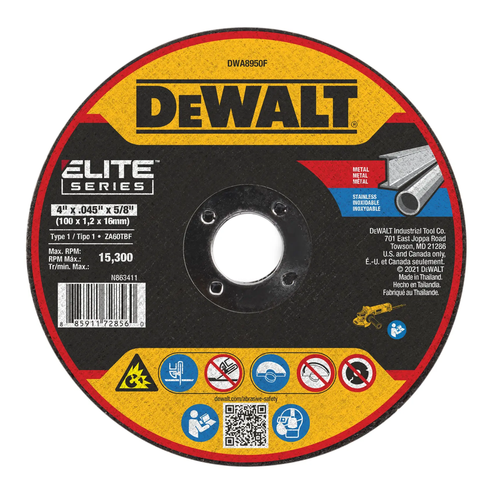 A DEWALT Elite Series abrasive cutting wheel with model DWA8950F for metal and stainless steel cutting. The wheel is 4 inches in diameter, 0.045 inches thick, and has a 5/8 inch arbor. Maximum RPM is 15,300. The label shows safety icons, a barcode, and product information.