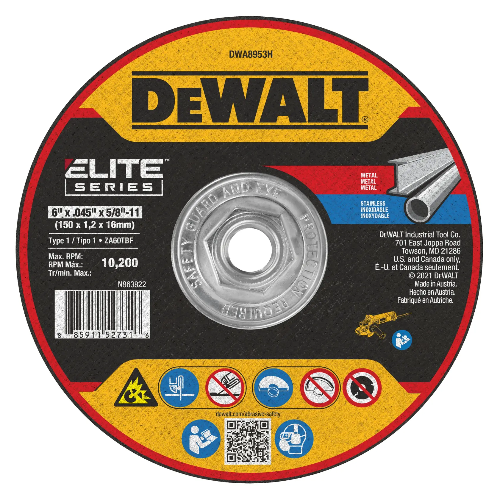 A DEWALT Elite Series cutting wheel, model DWA8953H, designed for metal and stainless steel cutting. The disc is labeled with specifications: 6 inch diameter, 0.045 inch thickness, 5/8-11 inch arbor, max RPM 10,200. Features safety and usage symbols, barcode, and company information.